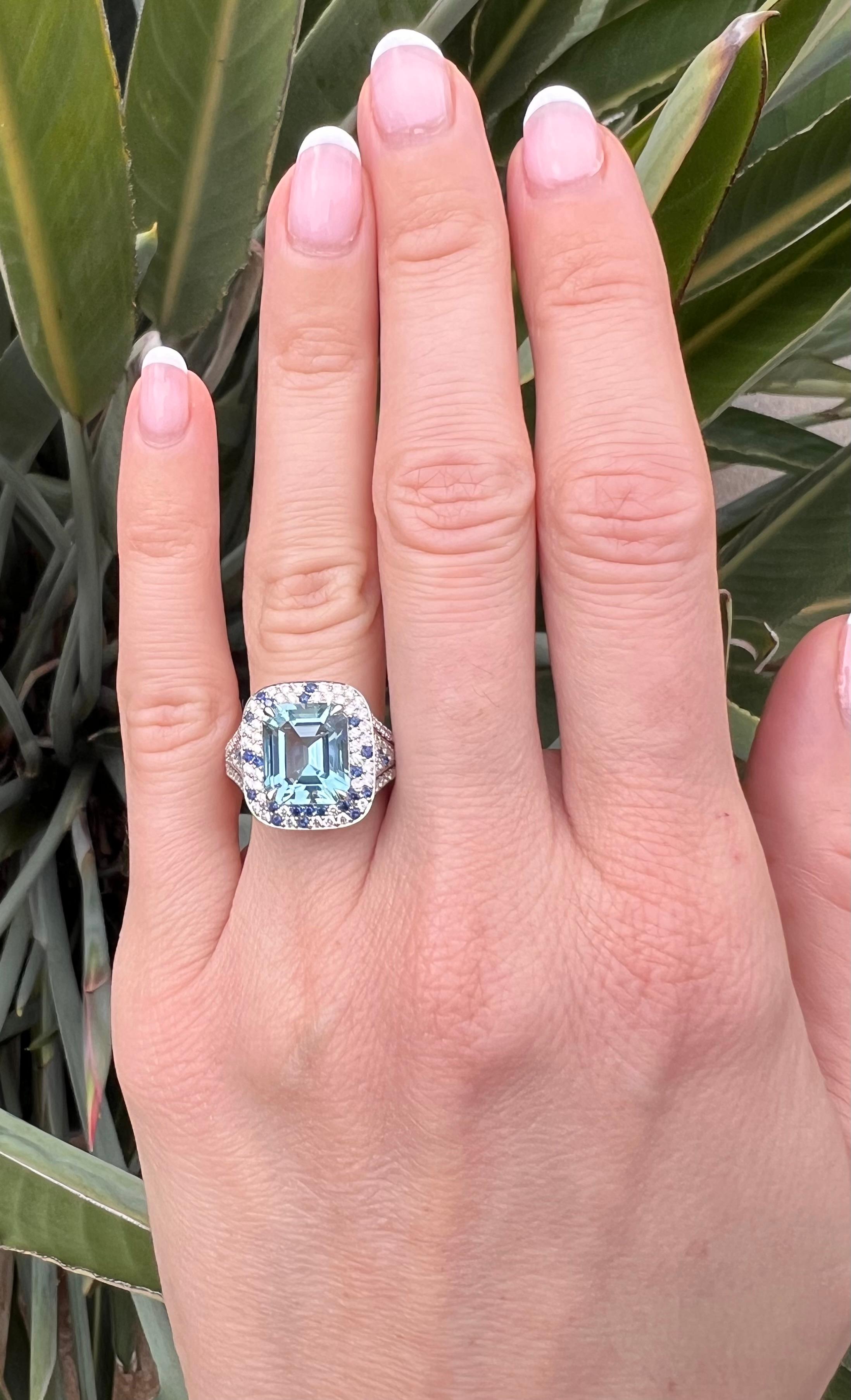 Exquisite Aquamarine Platinum Ring – Luxury Love Gift with Diamonds & Sapphires For Sale 6