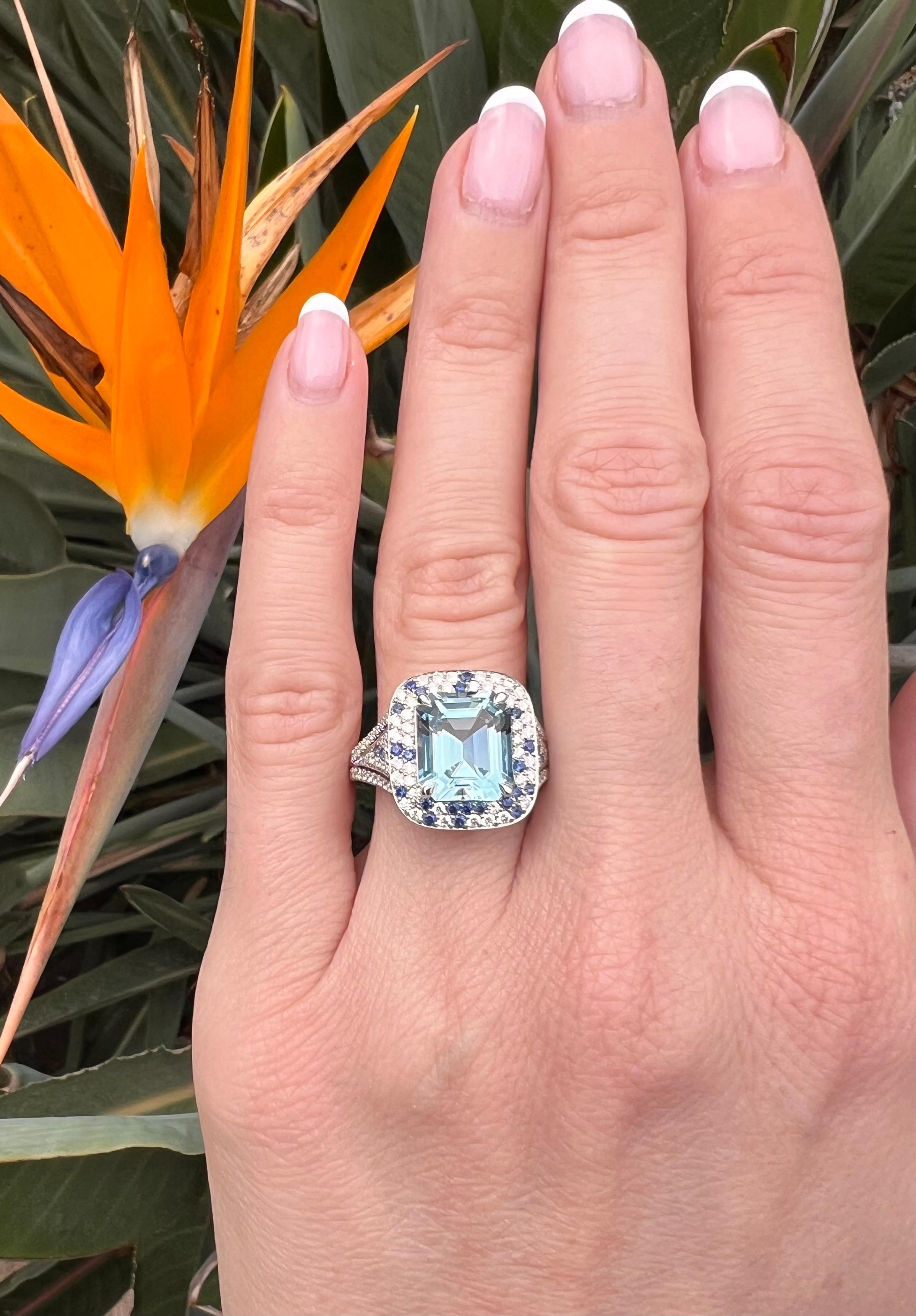 Cushion Cut Exquisite Aquamarine Platinum Ring – Luxury Love Gift with Diamonds & Sapphires For Sale