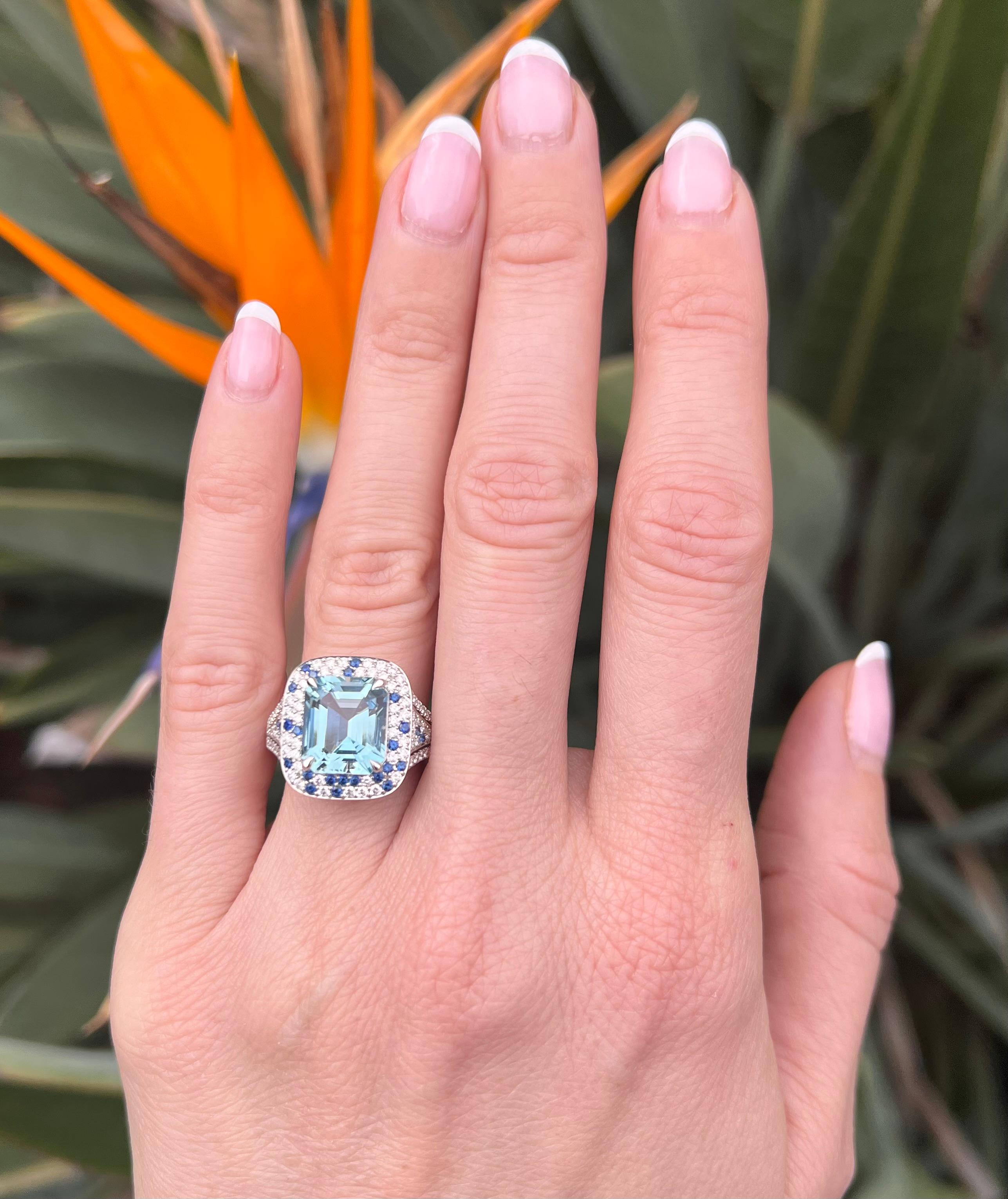 Modern Exquisite Aquamarine Platinum Ring – Luxury Love Gift with Diamonds & Sapphires For Sale