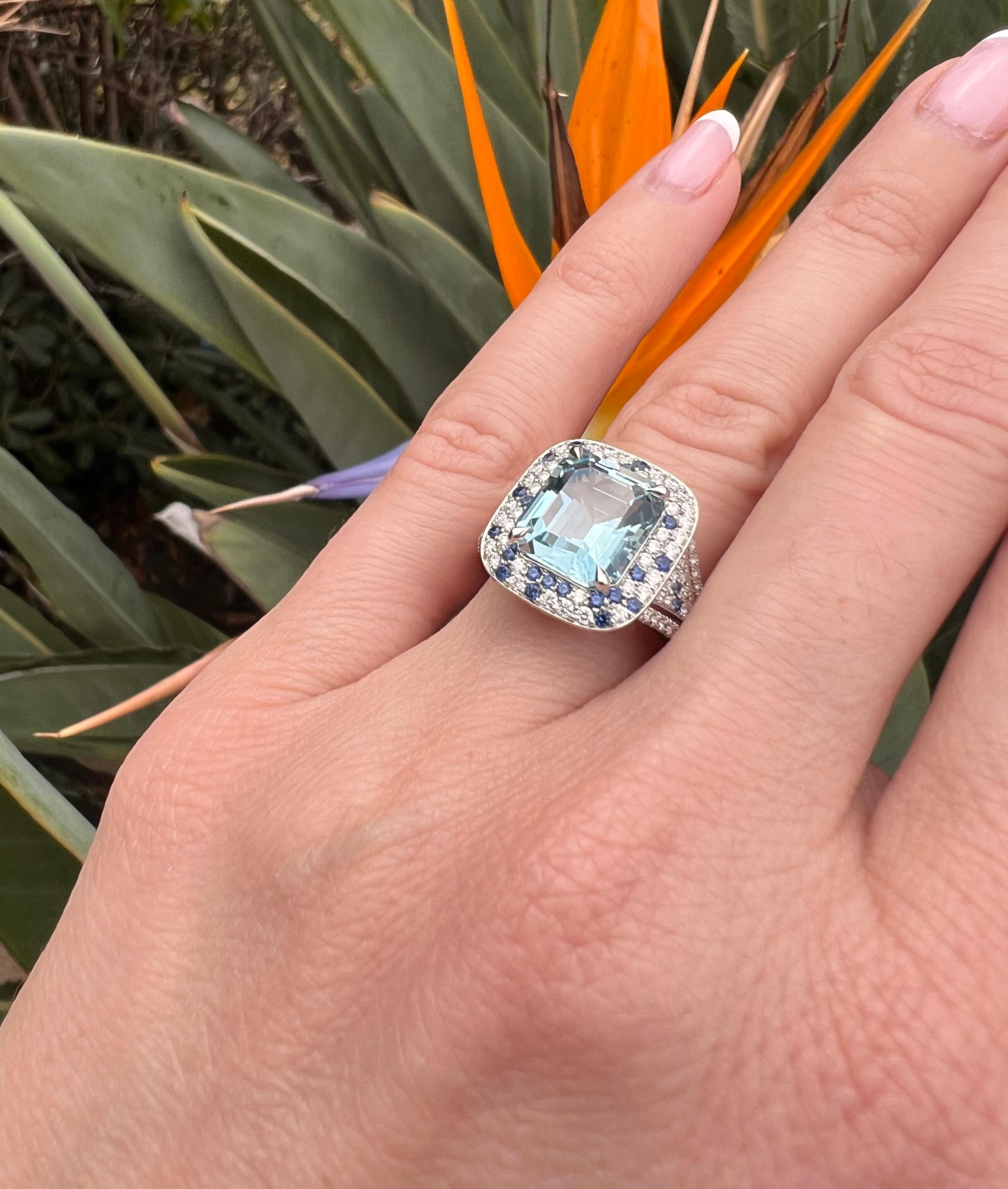 Women's Exquisite Aquamarine Platinum Ring – Luxury Love Gift with Diamonds & Sapphires For Sale