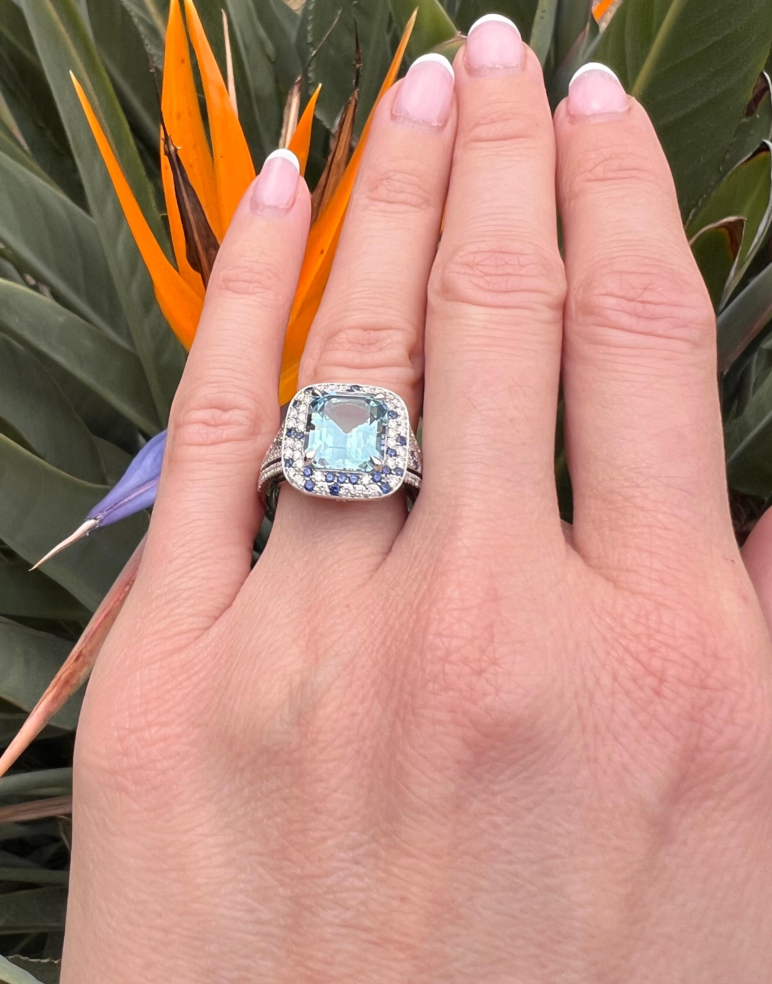 Exquisite Aquamarine Platinum Ring – Luxury Love Gift with Diamonds & Sapphires For Sale 1