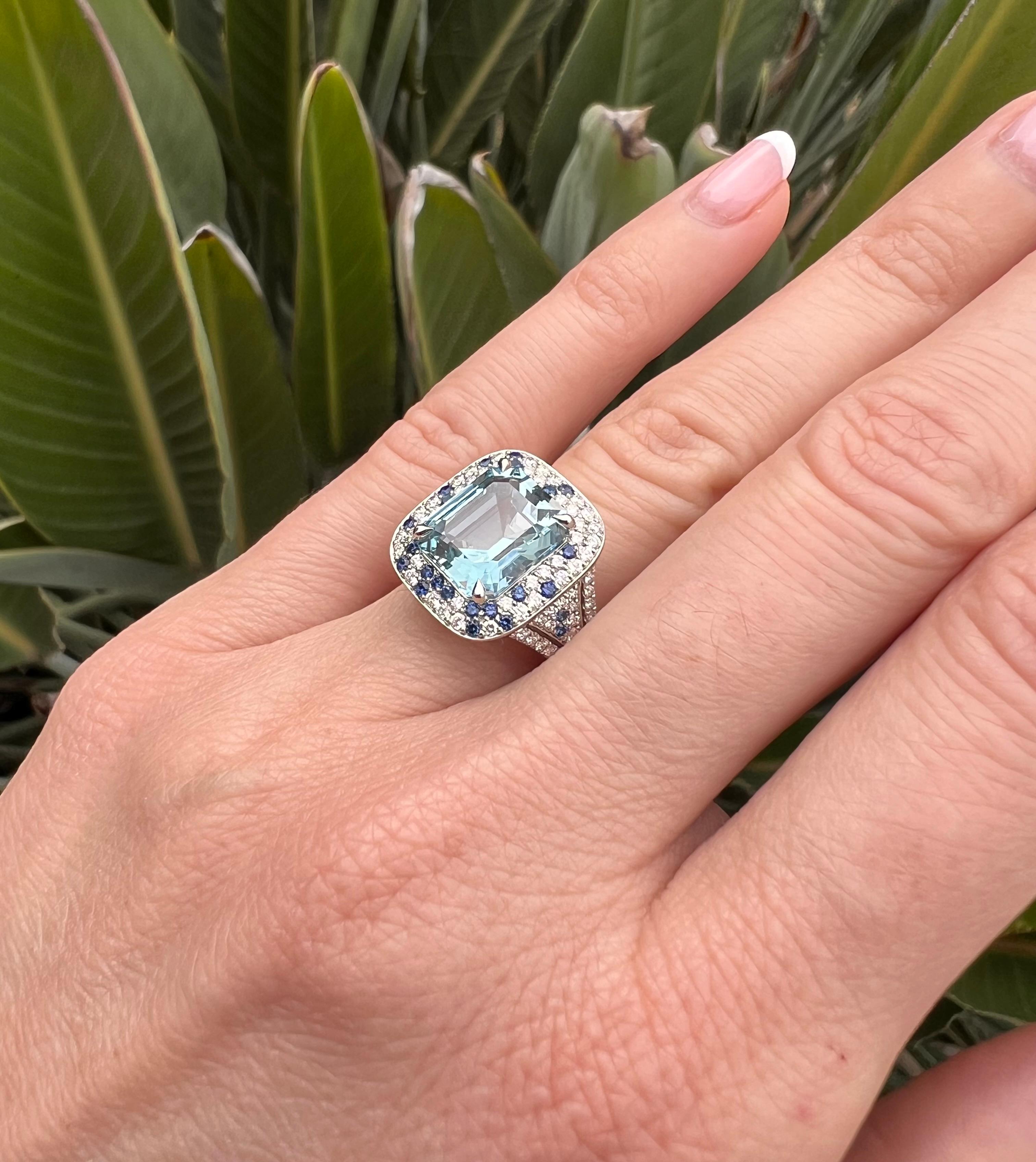 Exquisite Aquamarine Platinum Ring – Luxury Love Gift with Diamonds & Sapphires For Sale 2