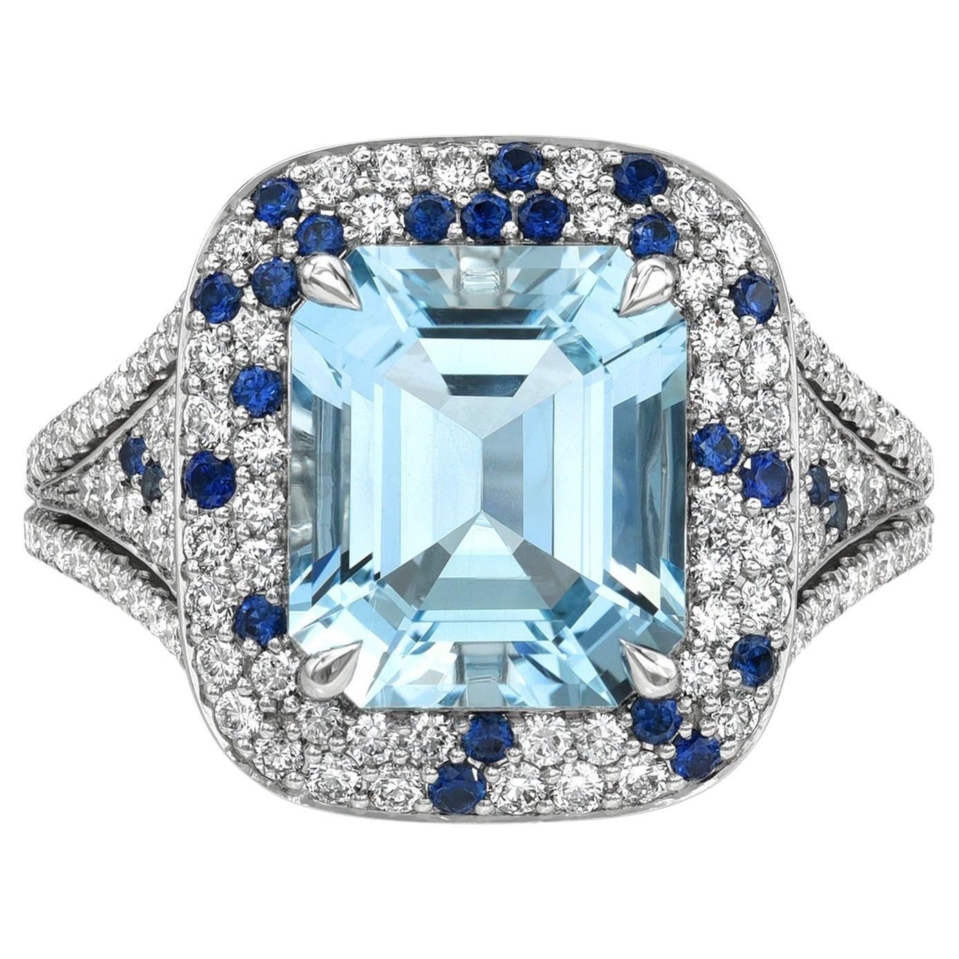 Squisito anello di acquamarina in platino - Regalo d'amore di lusso con diamanti e zaffiri