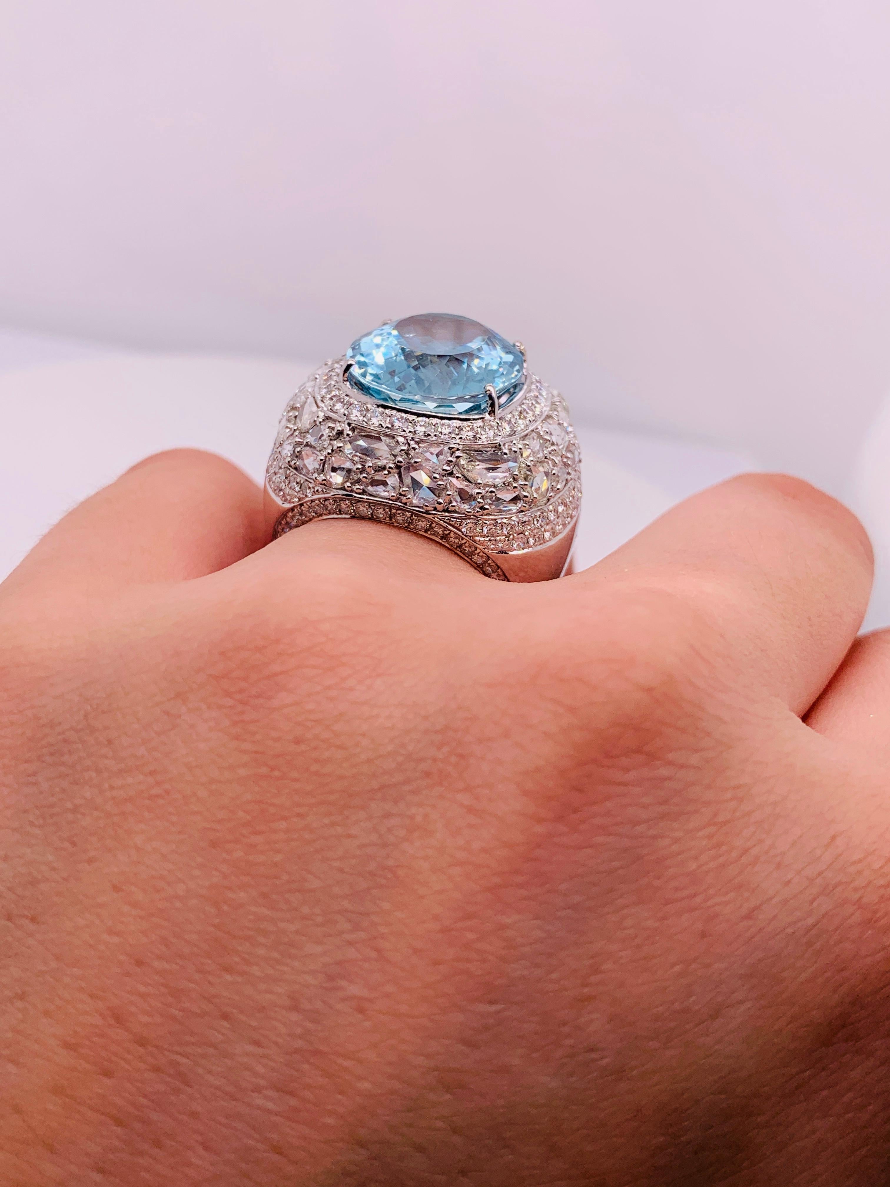 Exquisite Aquamarine Rose Cut Diamond Gold Dome Ring For Sale 2