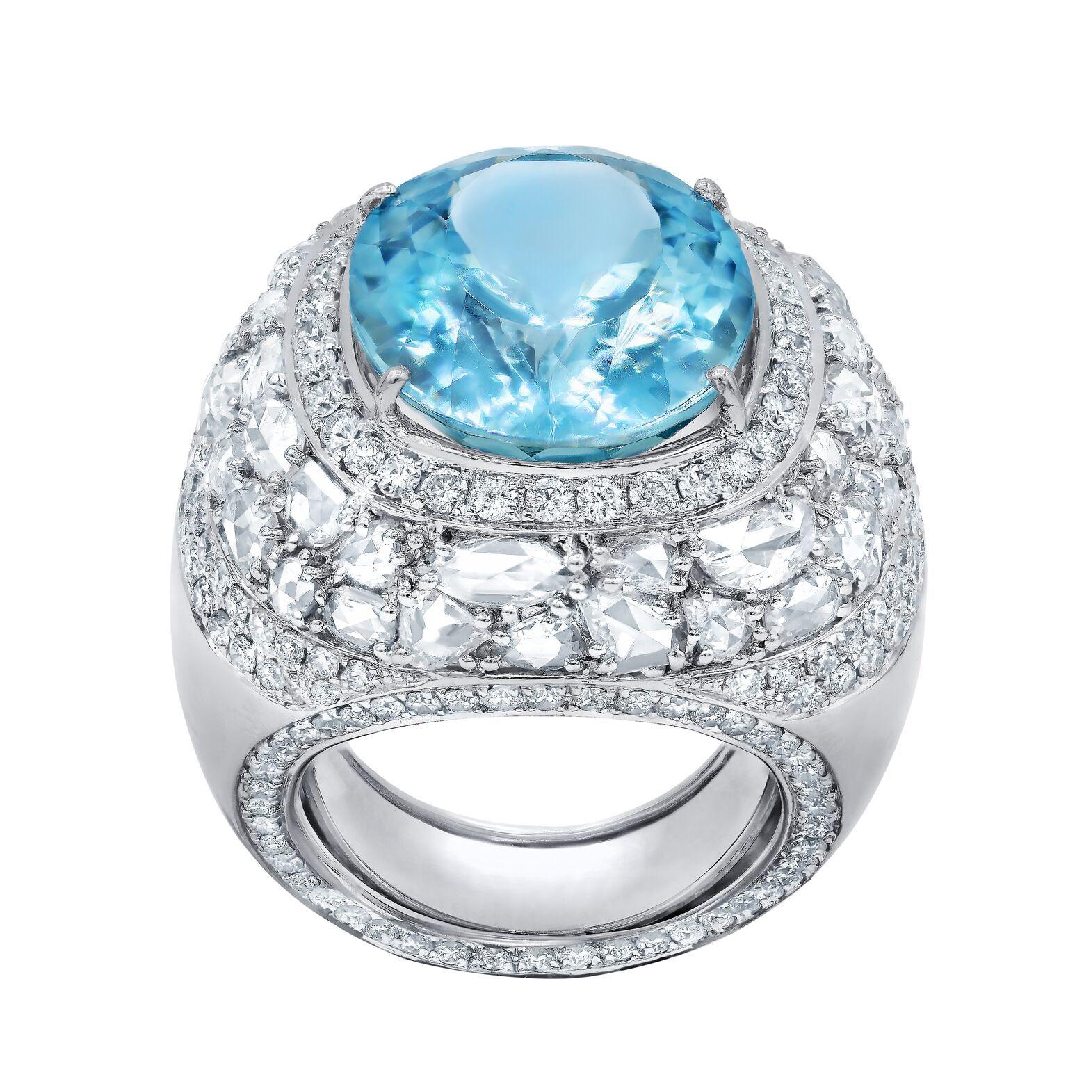Exquisite Aquamarine Rose Cut Diamond Gold Dome Ring For Sale 5