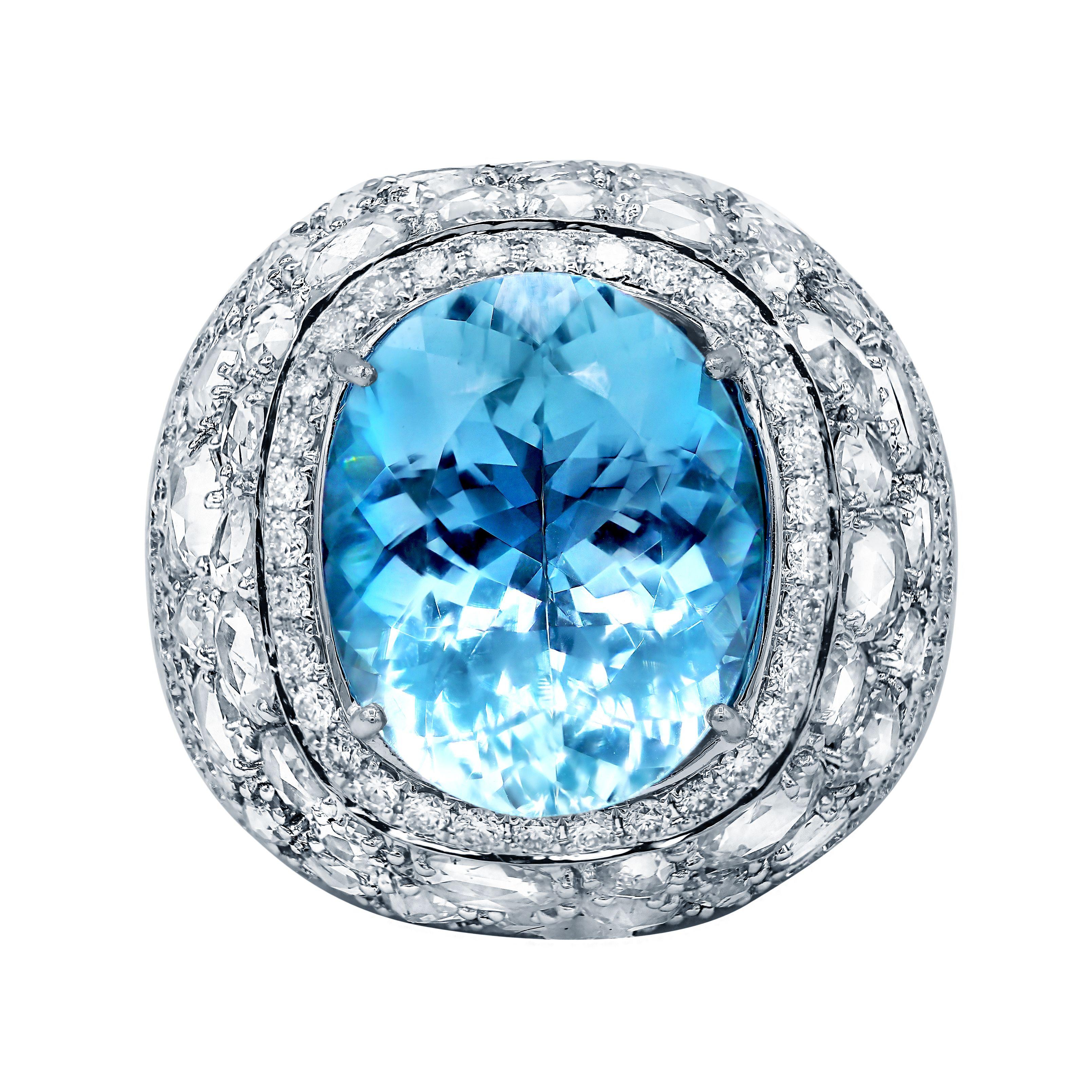 Exquisite Aquamarine Rose Cut Diamond Gold Dome Ring For Sale 6