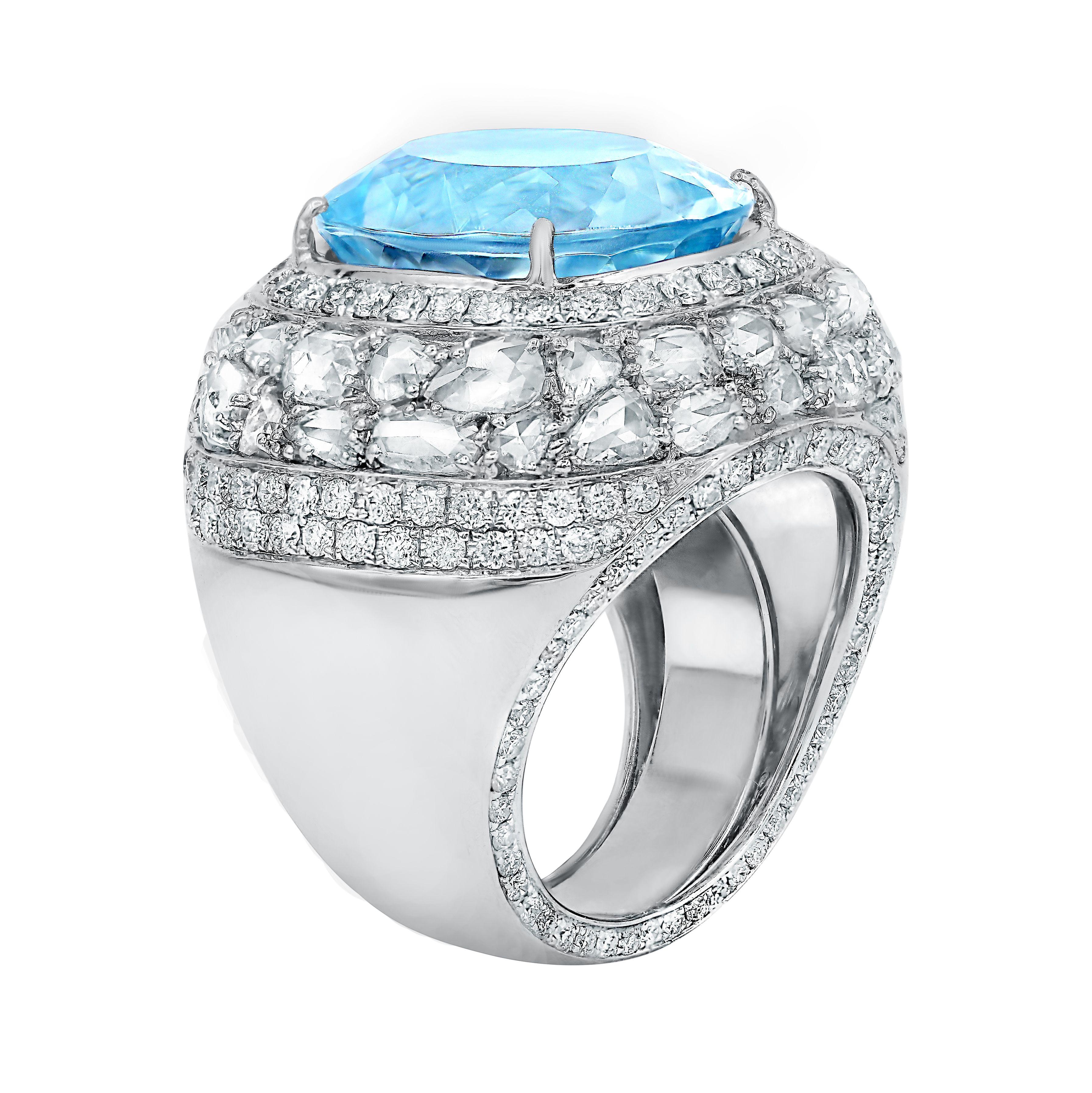 Exquisite Aquamarine Rose Cut Diamond Gold Dome Ring For Sale 7