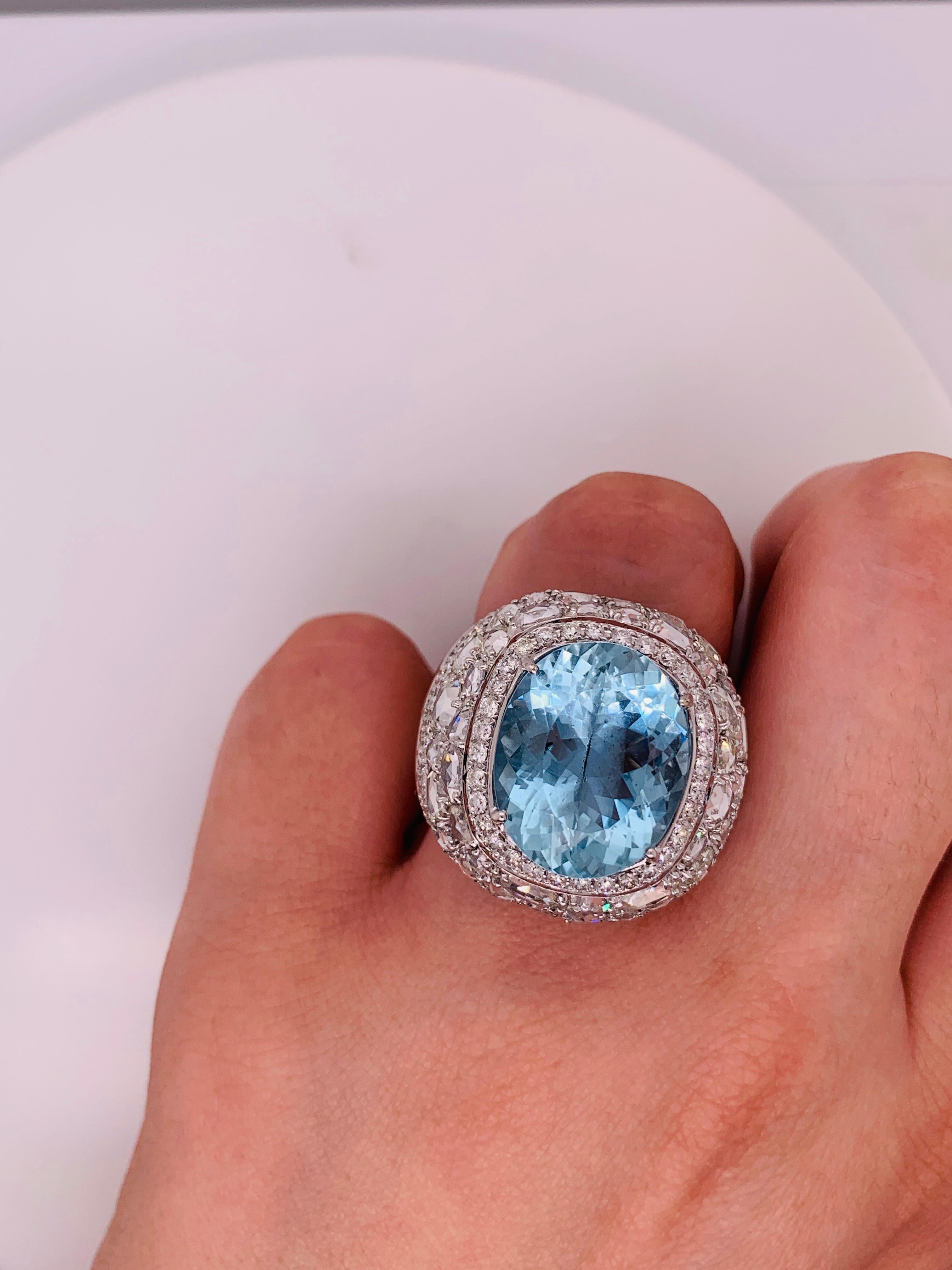 Exquisite Aquamarine Rose Cut Diamond Gold Dome Ring For Sale 1