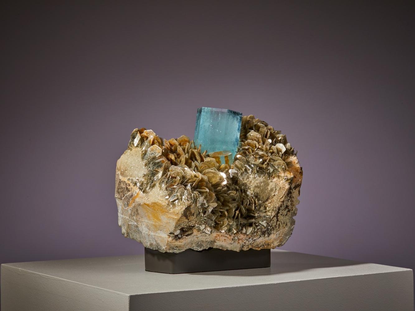 Questo pezzo accattivante presenta un sorprendente cristallo di acquamarina, rinomato per le sue serene sfumature blu, incastonato elegantemente in una matrice di scintillante muscovite. La muscovite, con il suo aspetto delicato e stratificato, crea