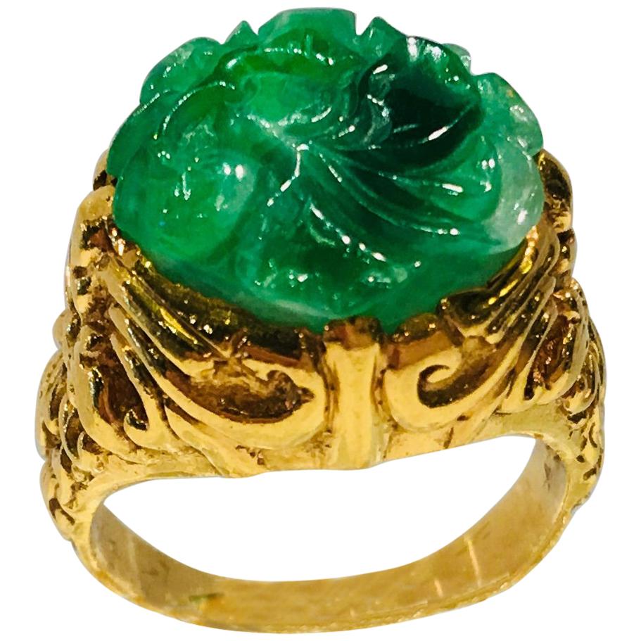 Exquisite Art Deco 12 Carat Jade Carved Flower Apple Green Jade 22 Karat Ring