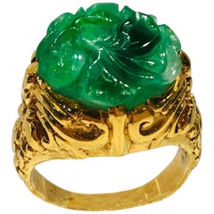 Exquisite Art Deco 12 Carat Jade Carved Flower Apple Green Jade 22 Karat Ring