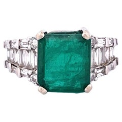 Vintage Exquisite Art Deco 18k White Gold Emerald & Diamond Step Cut Ring