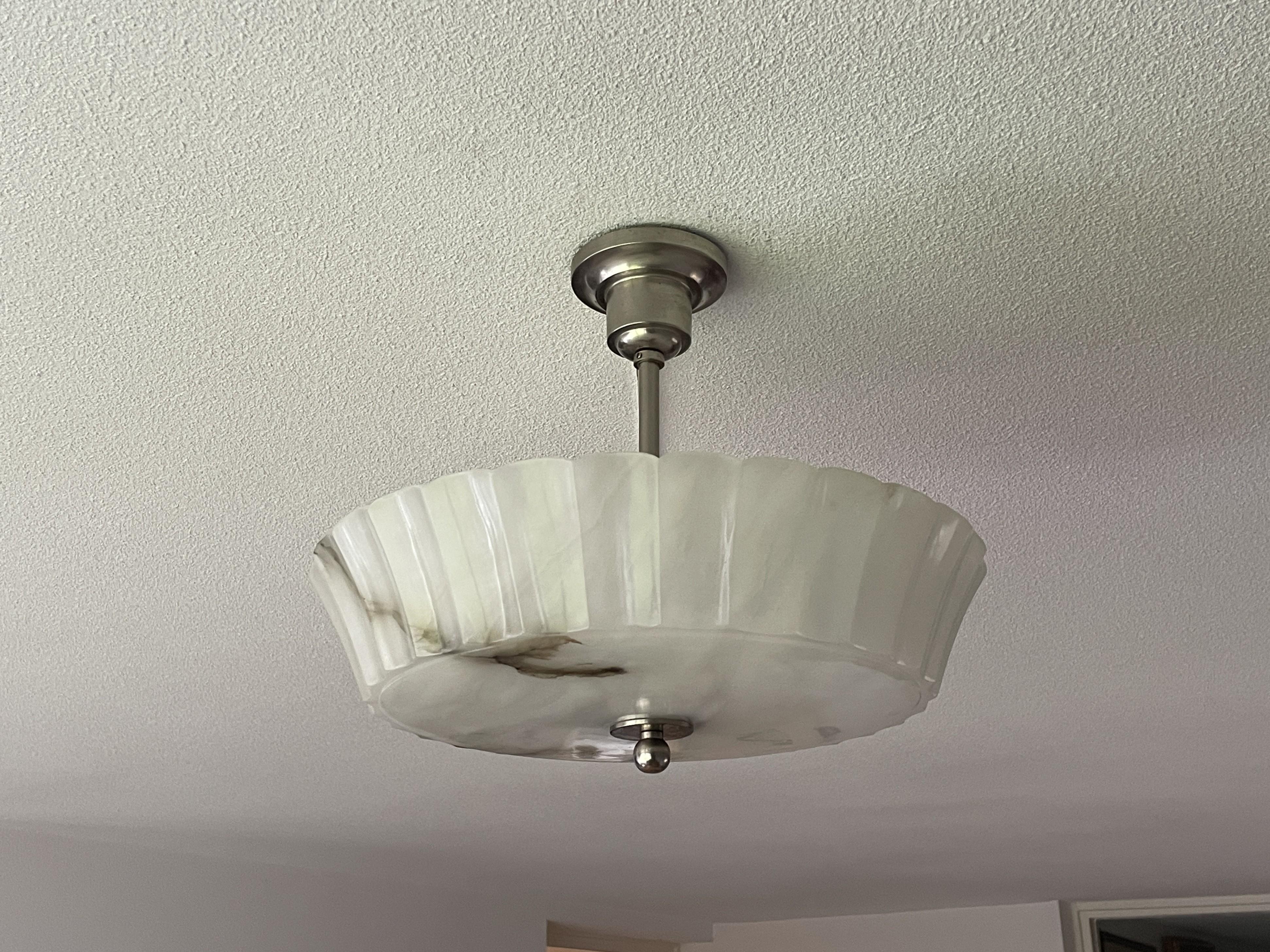 Exquisite Art Deco Alabaster Shade Flush Mount / Pendant Light w. Plated Canopy 3