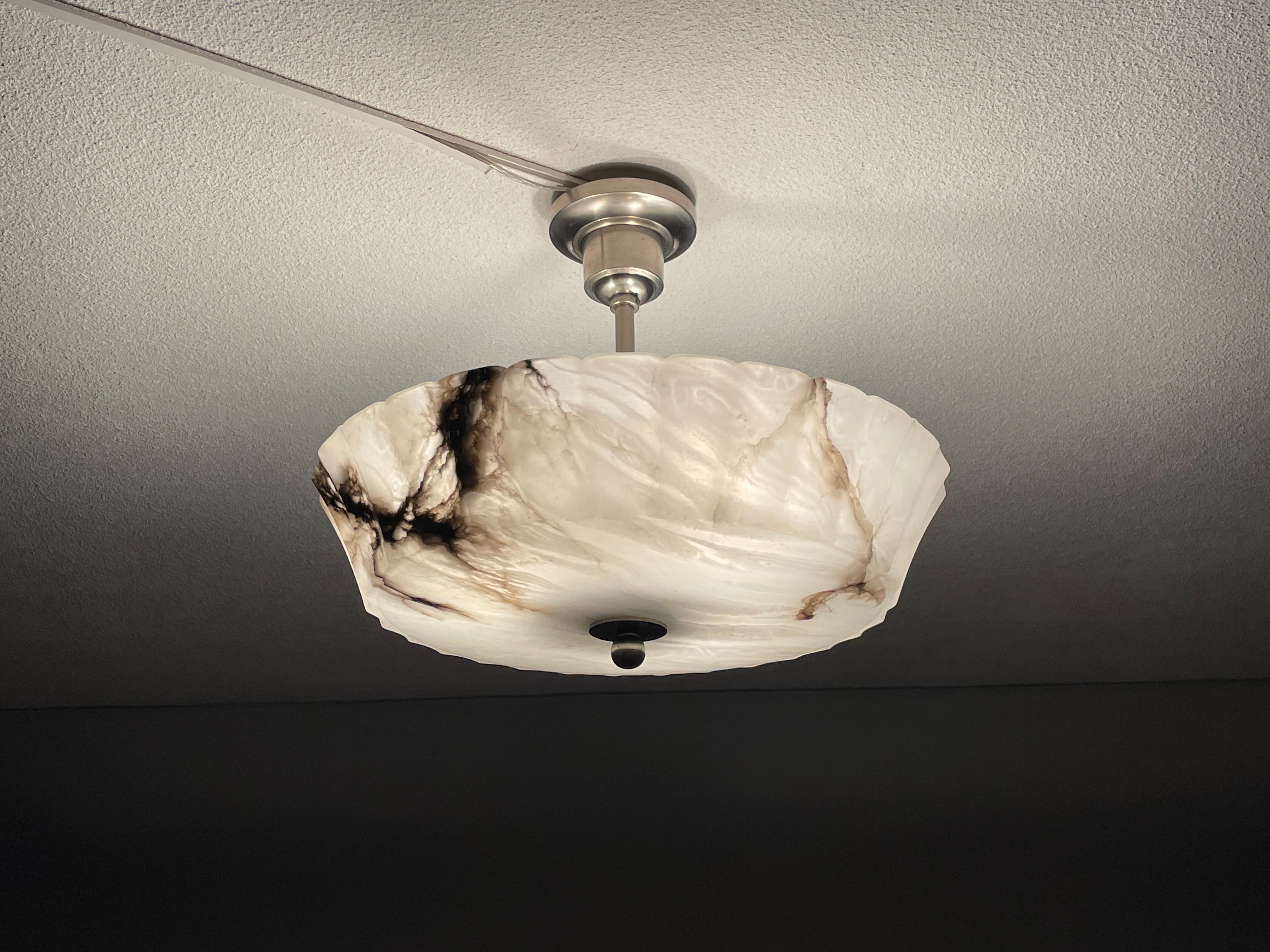 Exquisite Art Deco Alabaster Shade Flush Mount / Pendant Light w. Plated Canopy 4