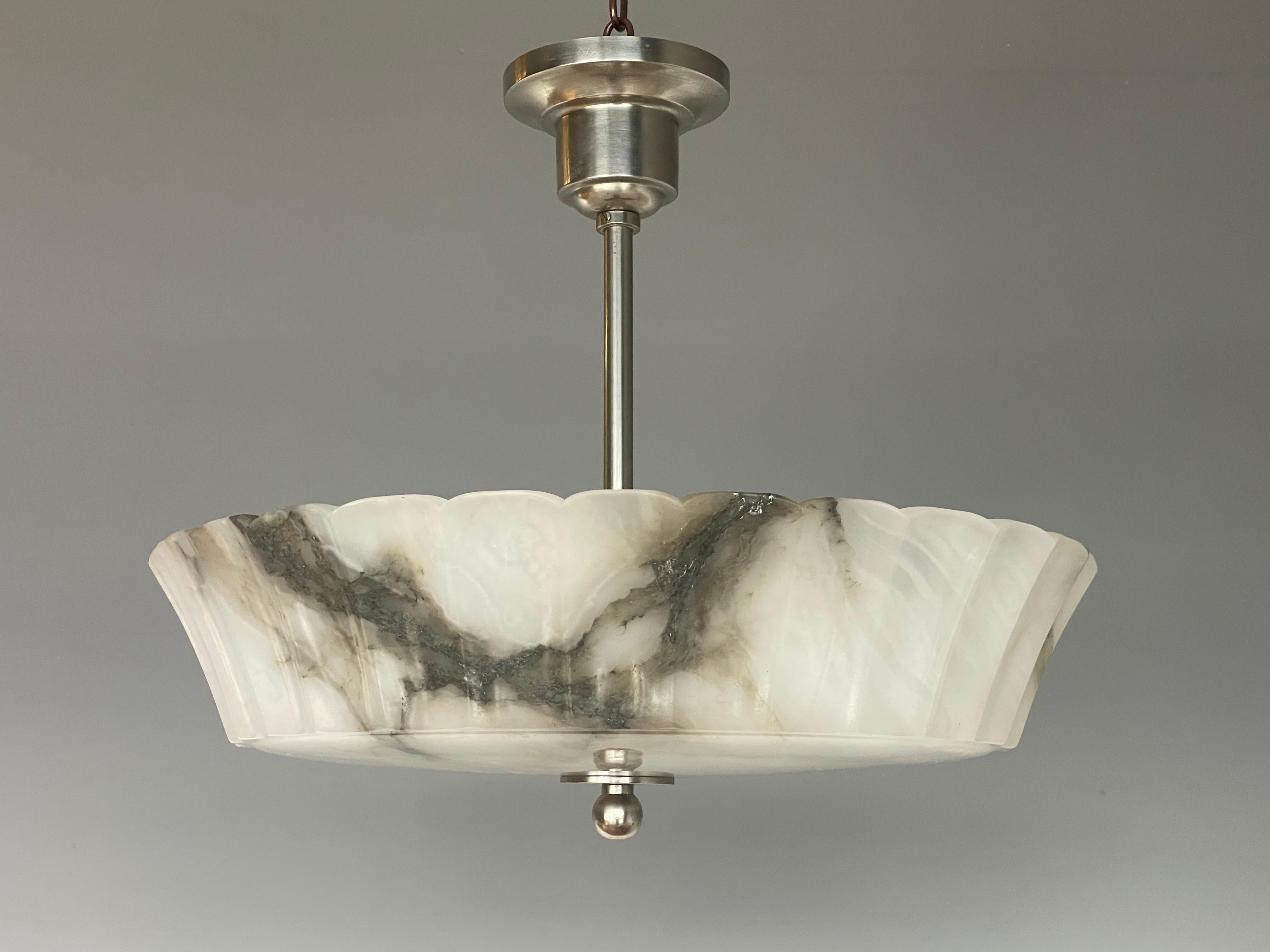 Exquisite Art Deco Alabaster Shade Flush Mount / Pendant Light w. Plated Canopy 5