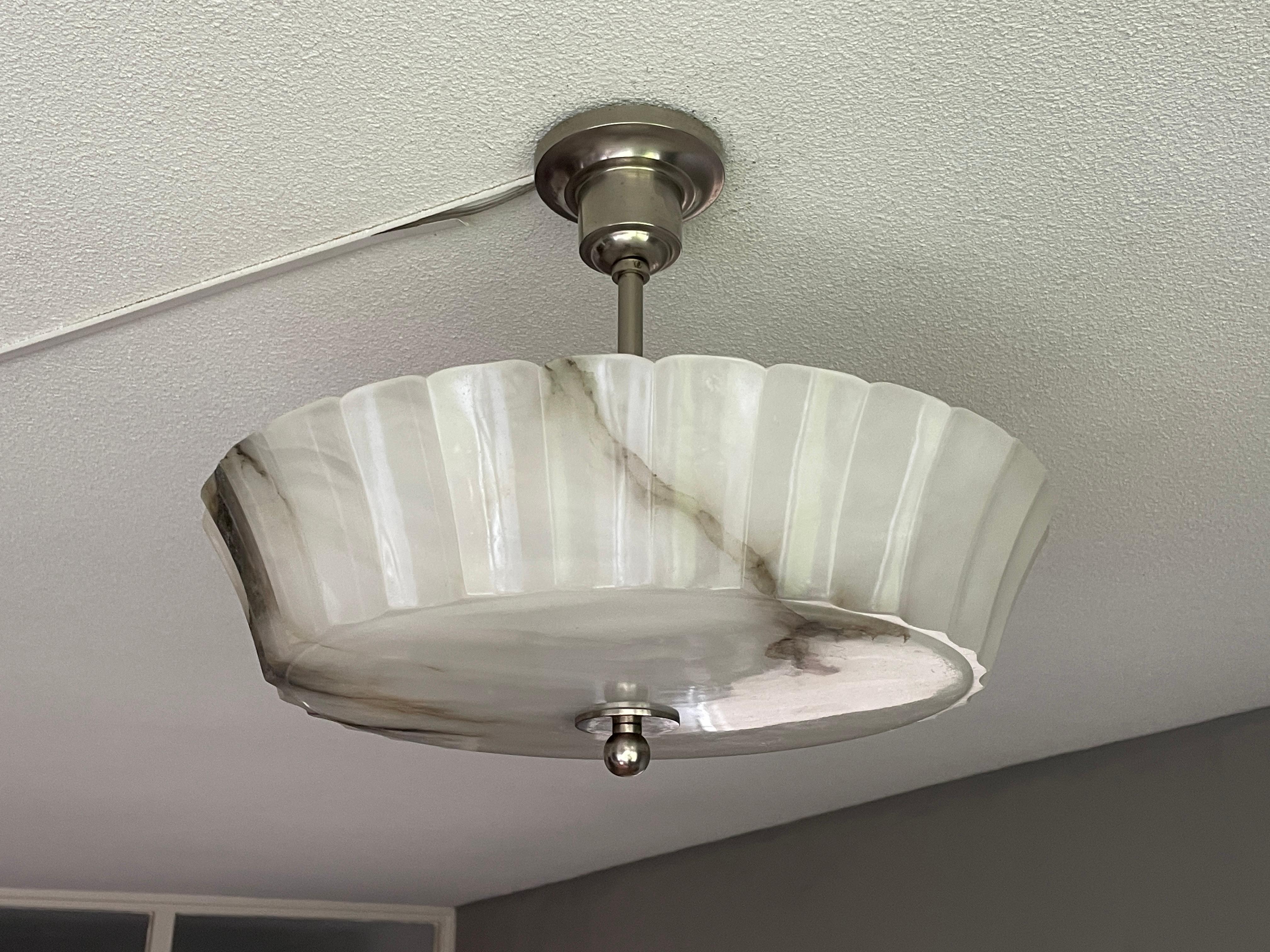 Exquisite Art Deco Alabaster Shade Flush Mount / Pendant Light w. Plated Canopy 6