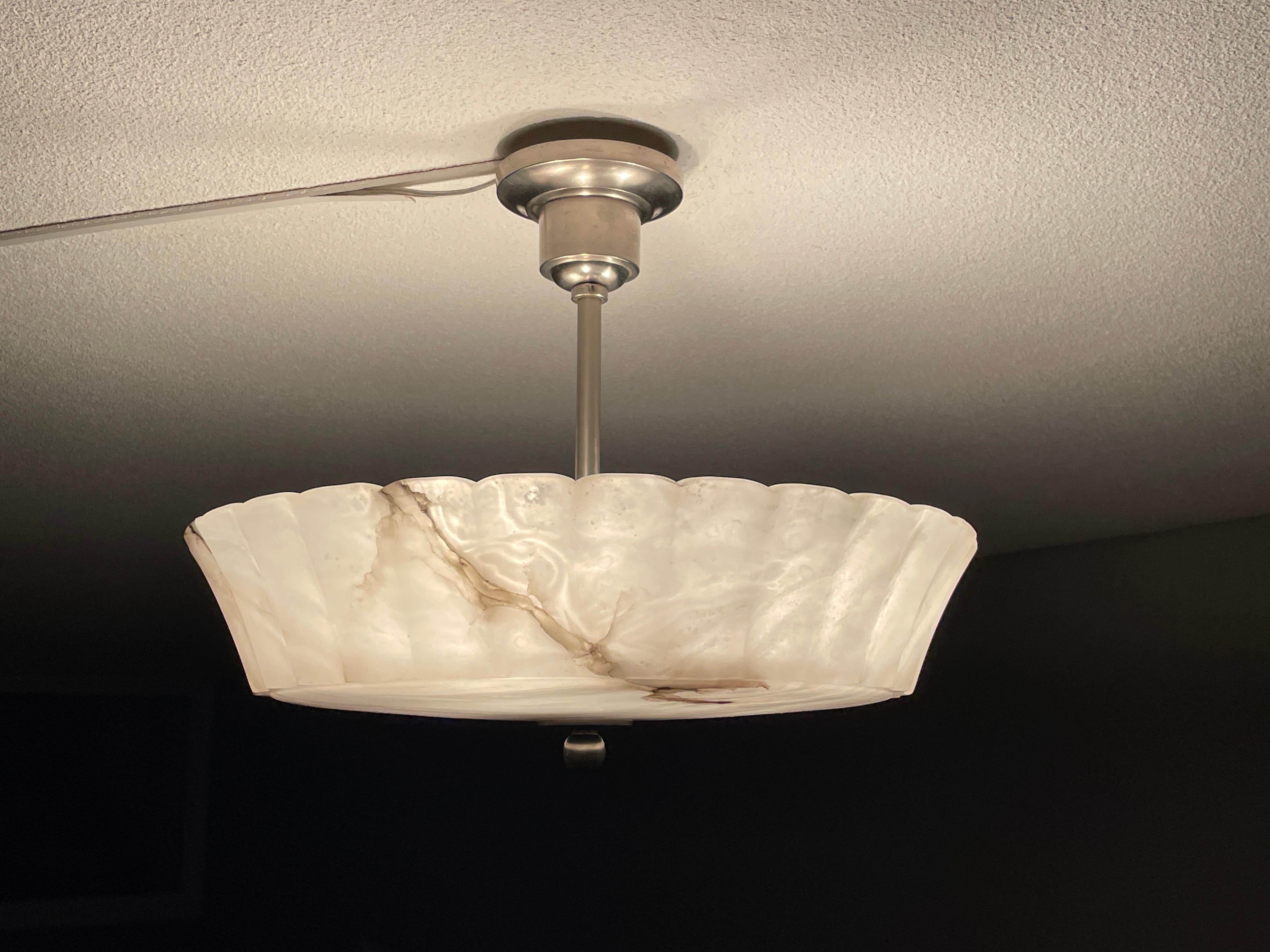 Exquisite Art Deco Alabaster Shade Flush Mount / Pendant Light w. Plated Canopy 7