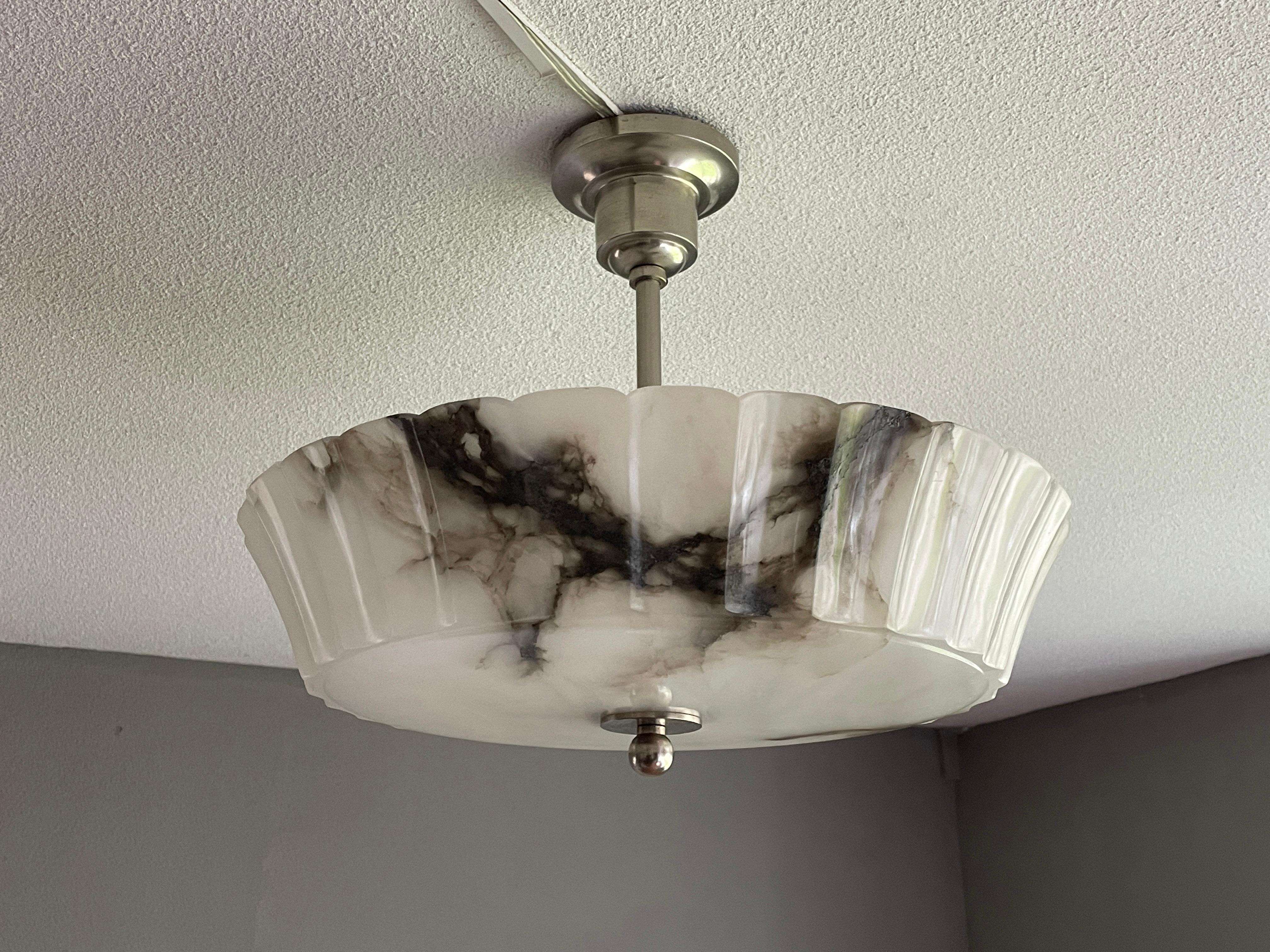 Exquisite Art Deco Alabaster Shade Flush Mount / Pendant Light w. Plated Canopy 8