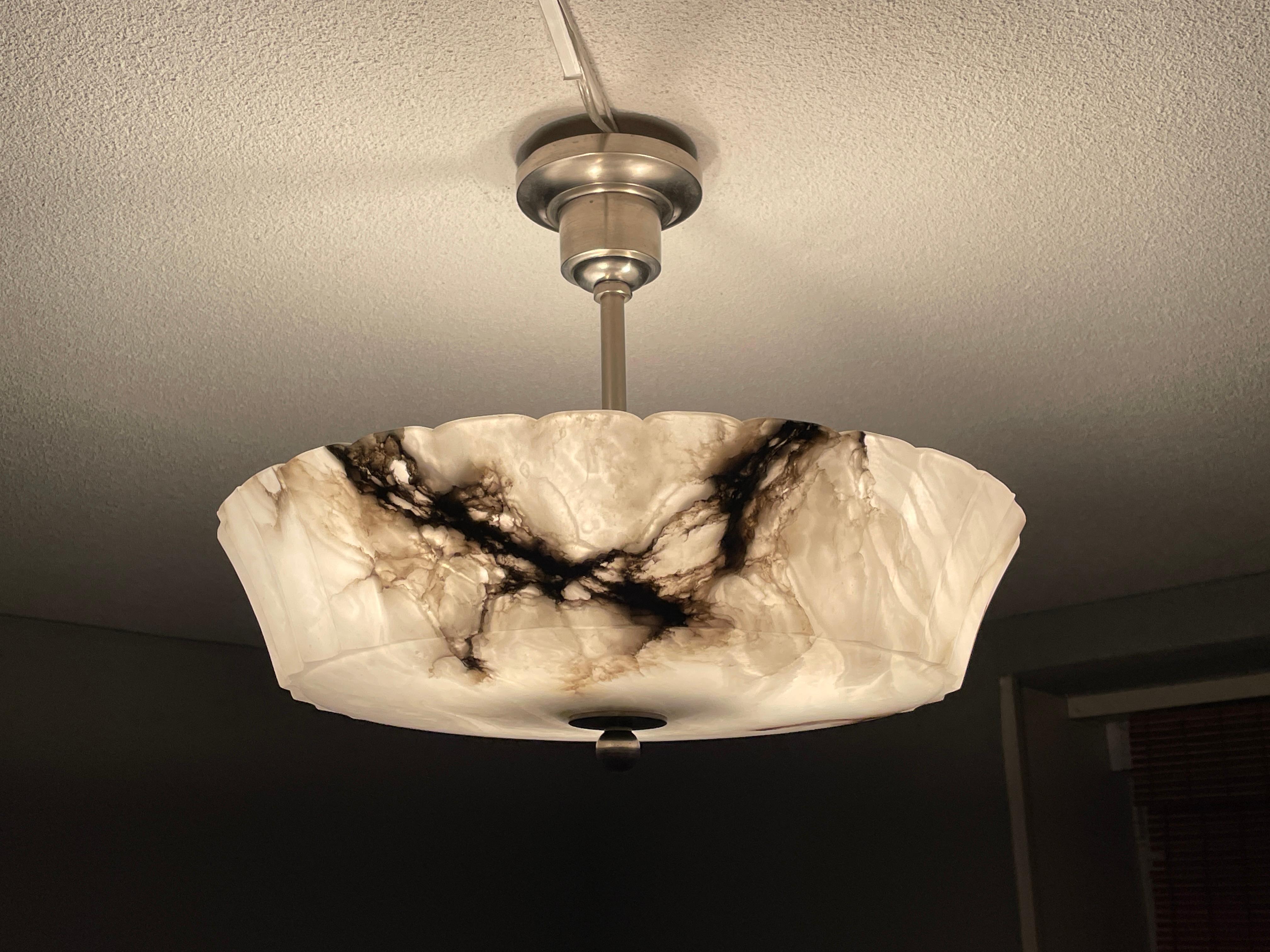Exquisite Art Deco Alabaster Shade Flush Mount / Pendant Light w. Plated Canopy 9
