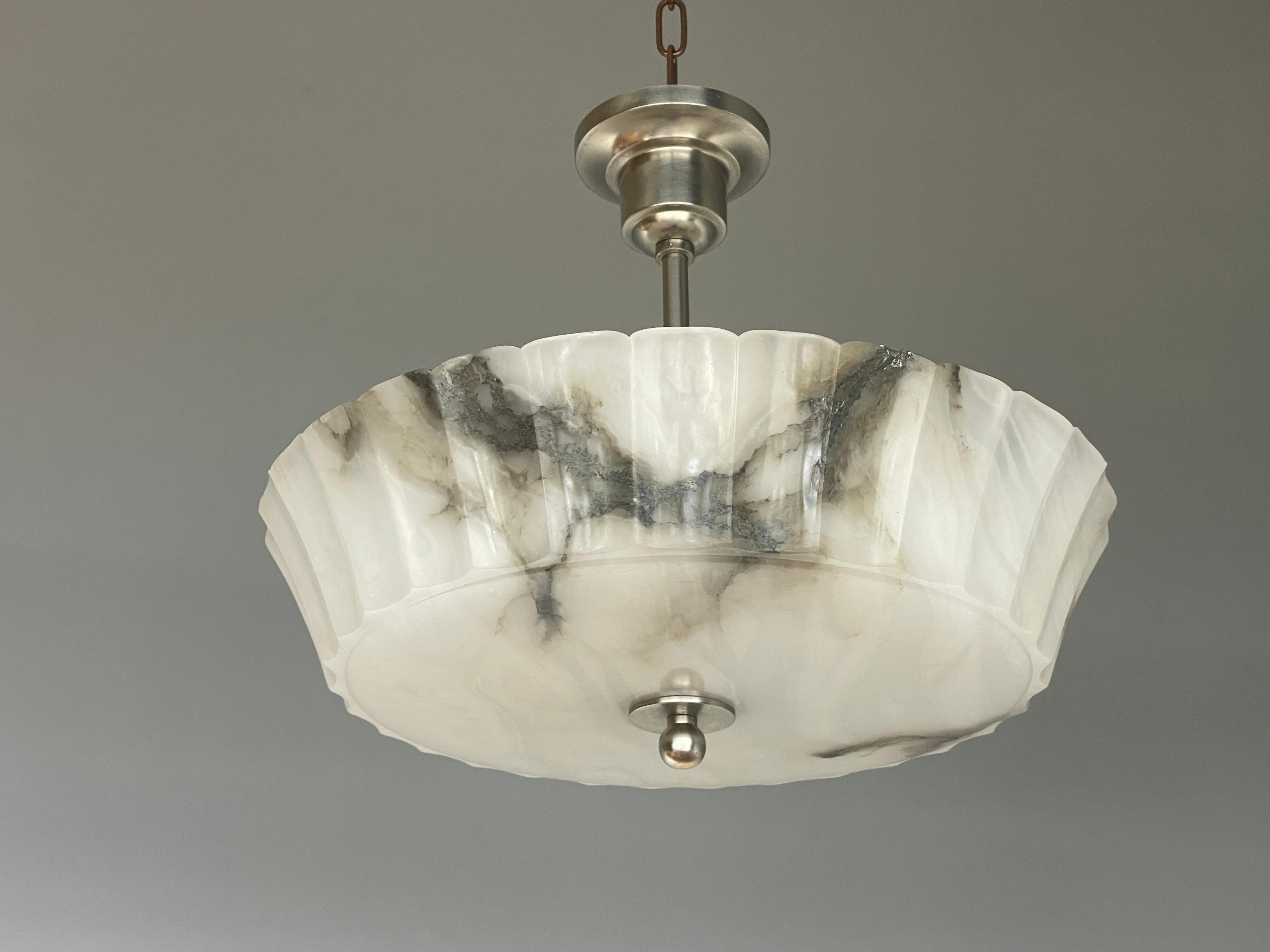 Exquisite Art Deco Alabaster Shade Flush Mount / Pendant Light w. Plated Canopy 10