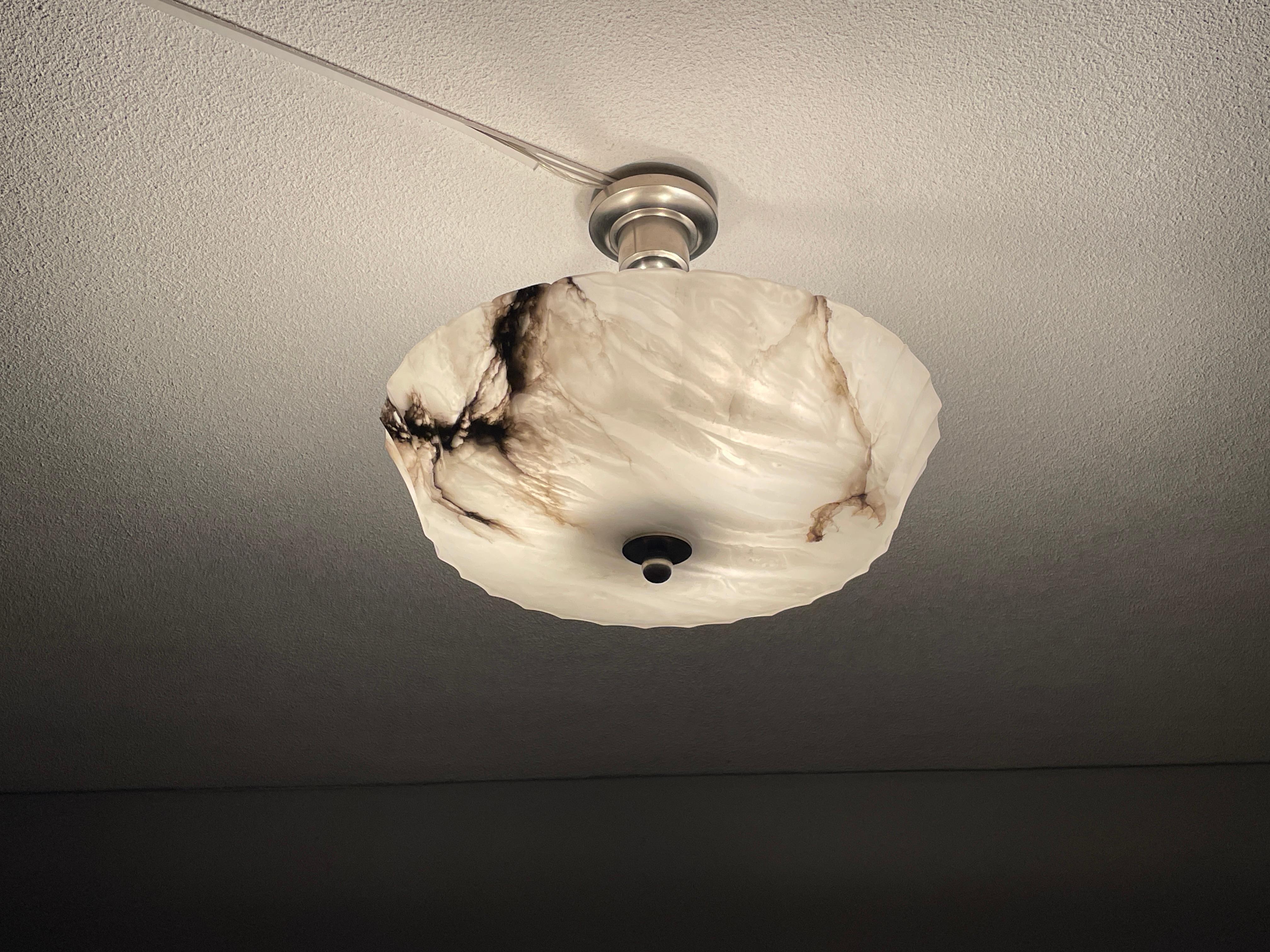 Exquisite Art Deco Alabaster Shade Flush Mount / Pendant Light w. Plated Canopy 12
