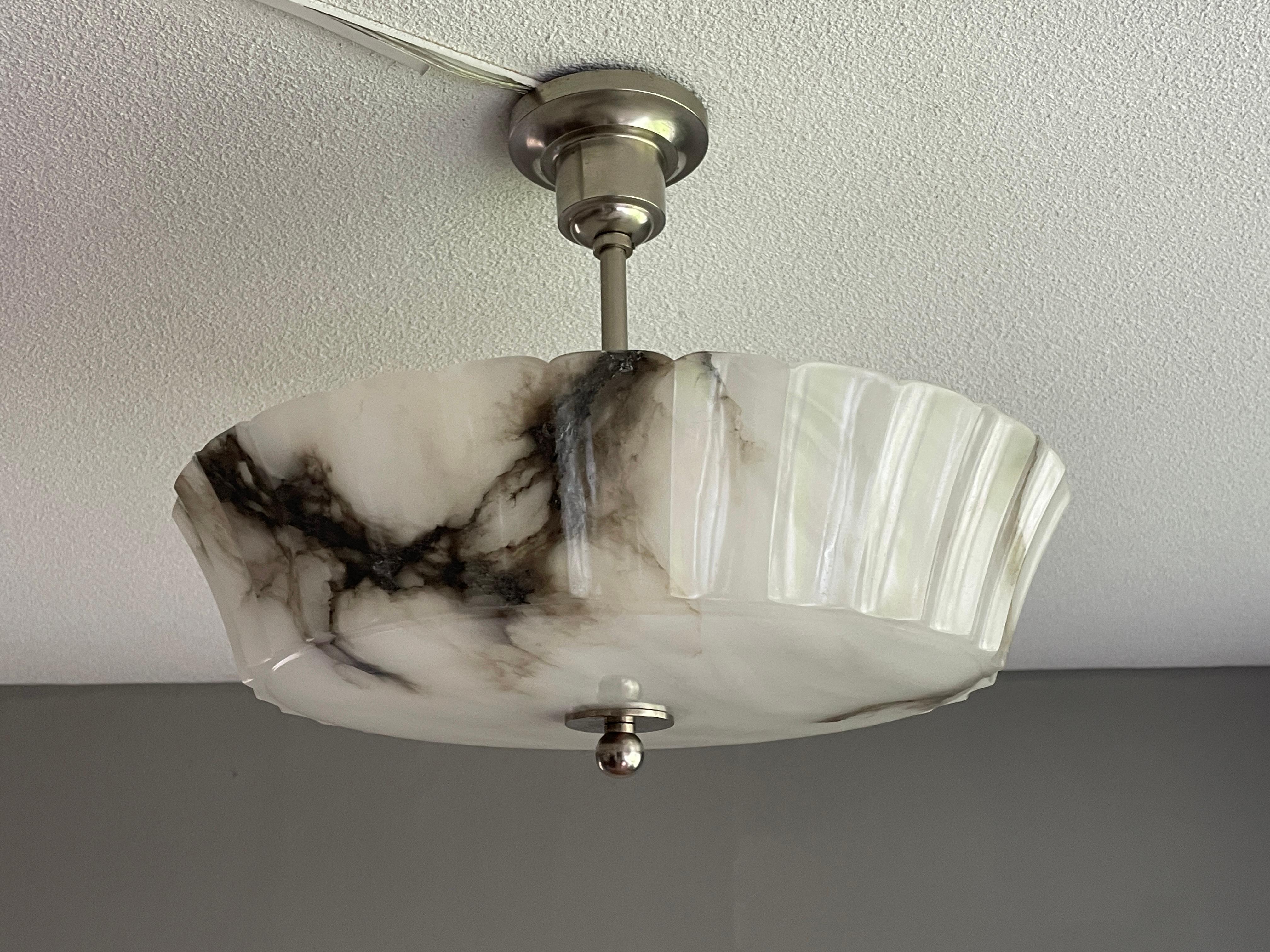 European Exquisite Art Deco Alabaster Shade Flush Mount / Pendant Light w. Plated Canopy