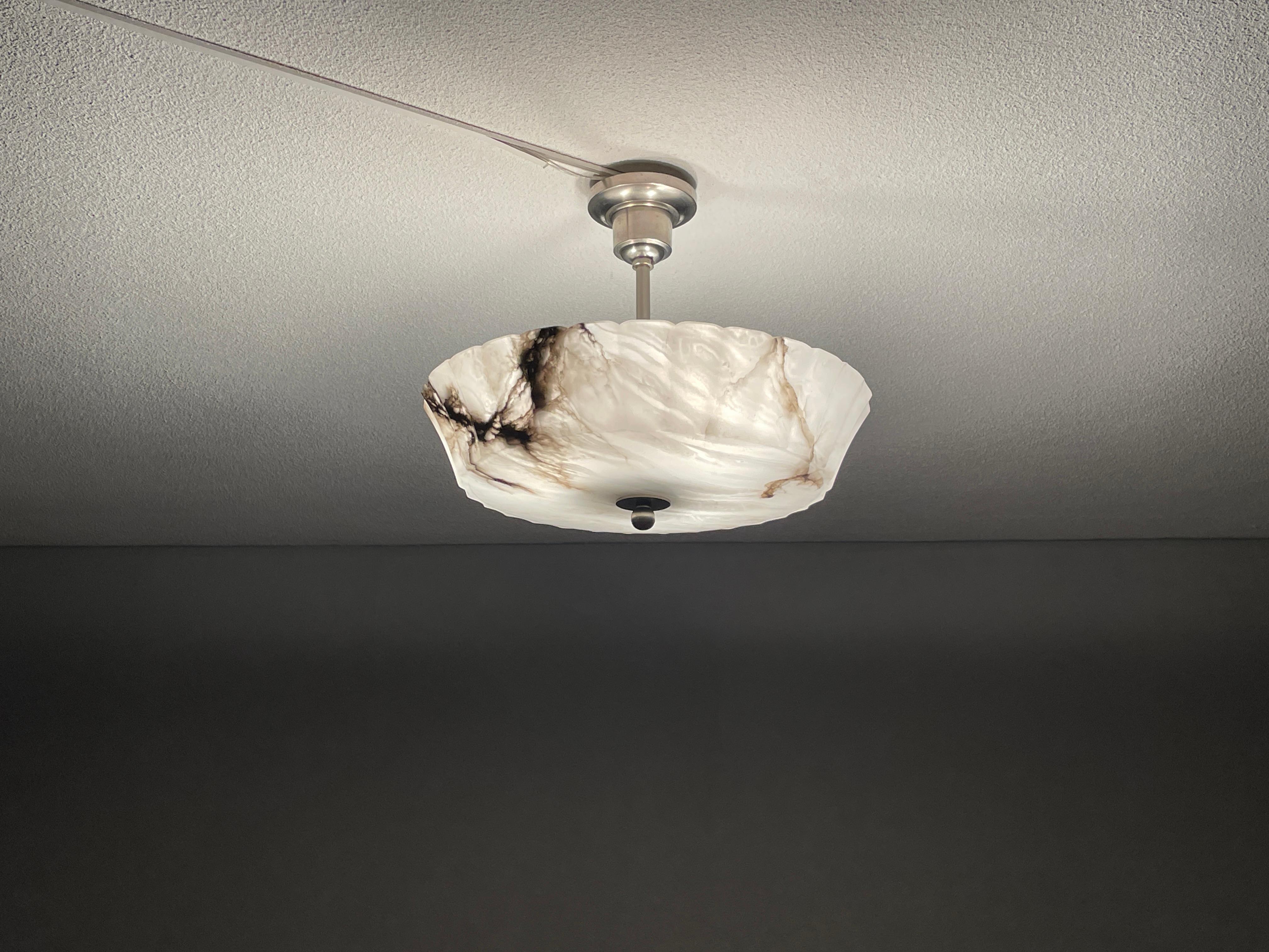 Hand-Carved Exquisite Art Deco Alabaster Shade Flush Mount / Pendant Light w. Plated Canopy