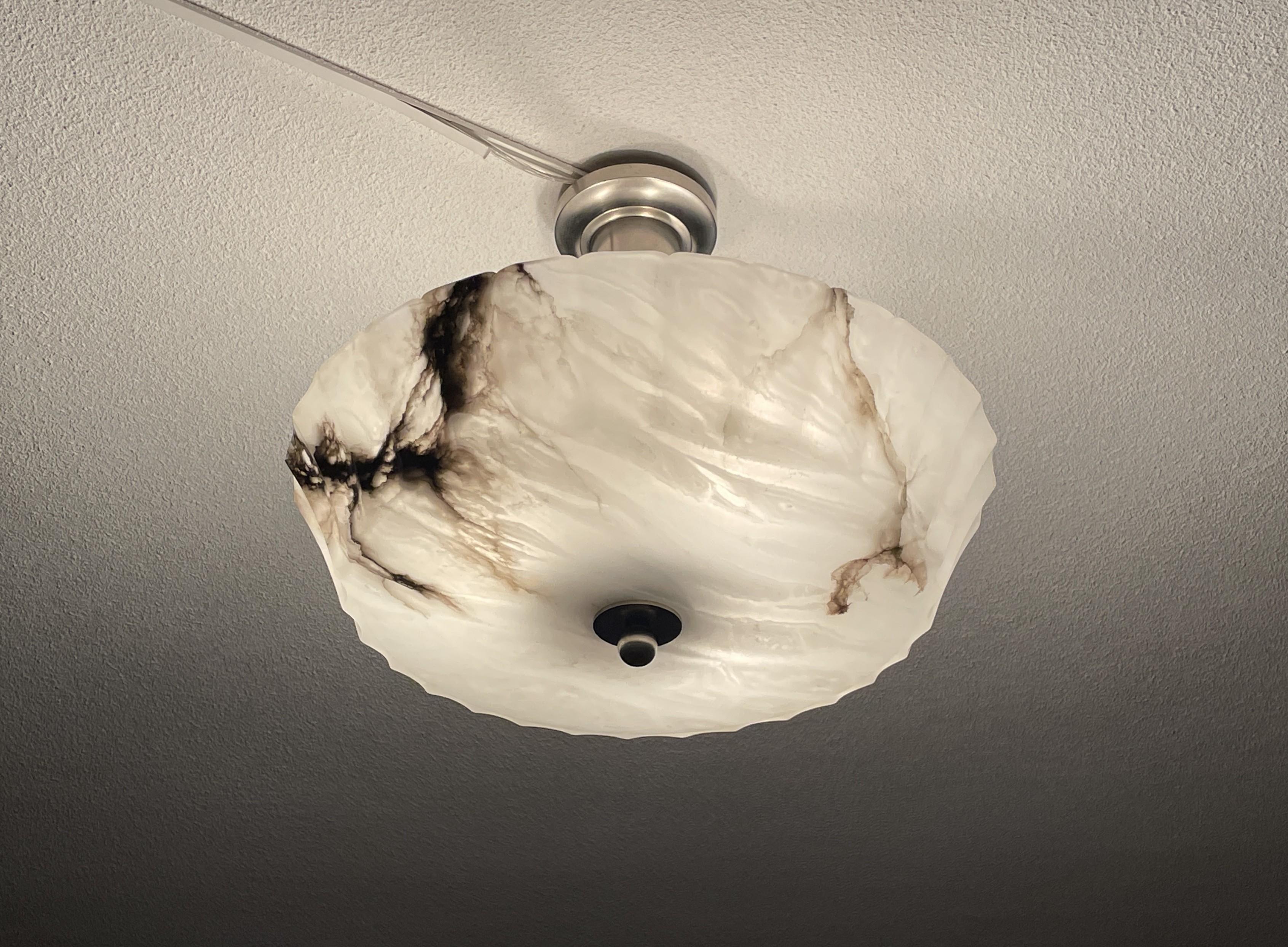 Exquisite Art Deco Alabaster Shade Flush Mount / Pendant Light w. Plated Canopy In Excellent Condition In Lisse, NL