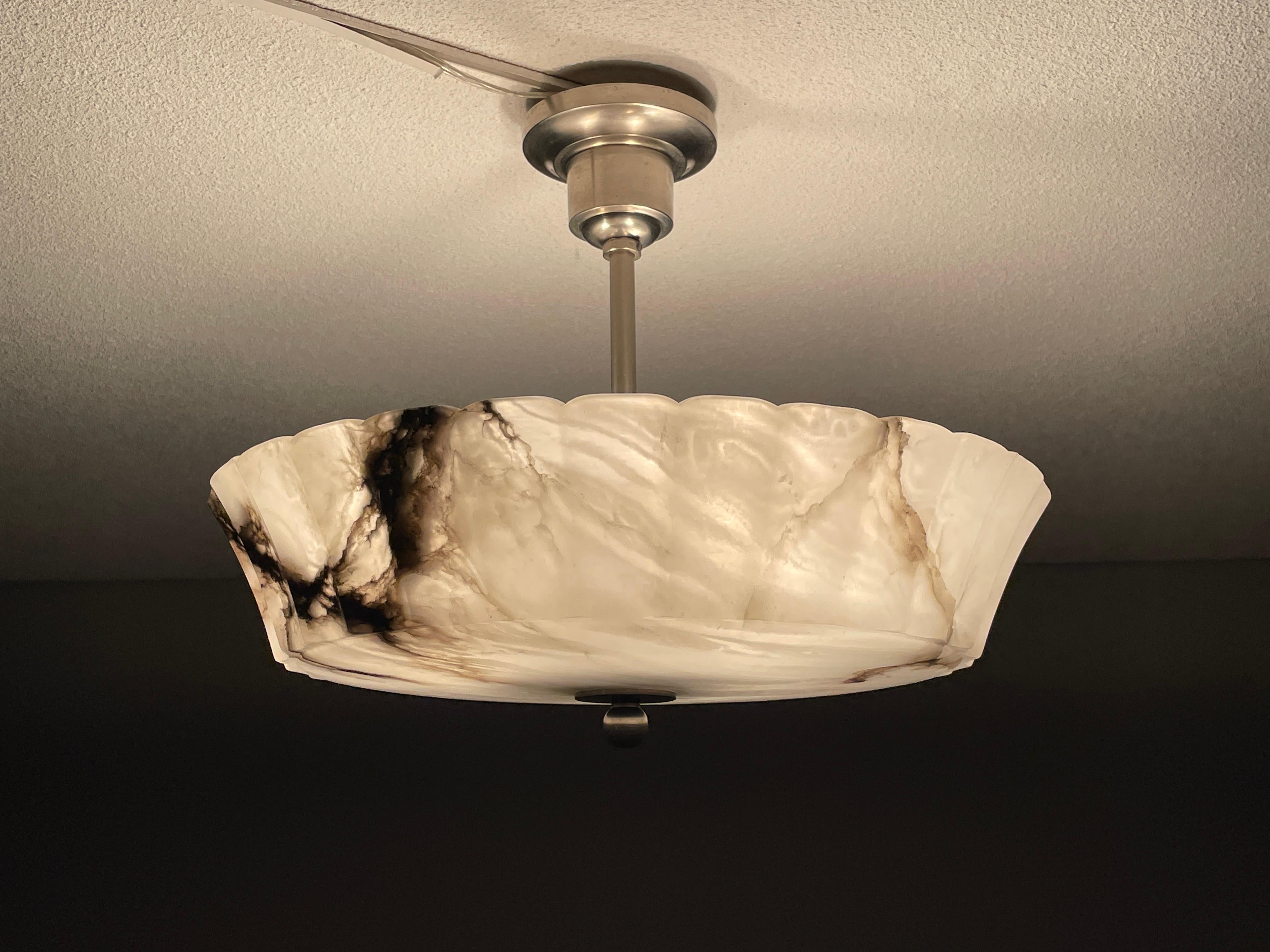 20th Century Exquisite Art Deco Alabaster Shade Flush Mount / Pendant Light w. Plated Canopy
