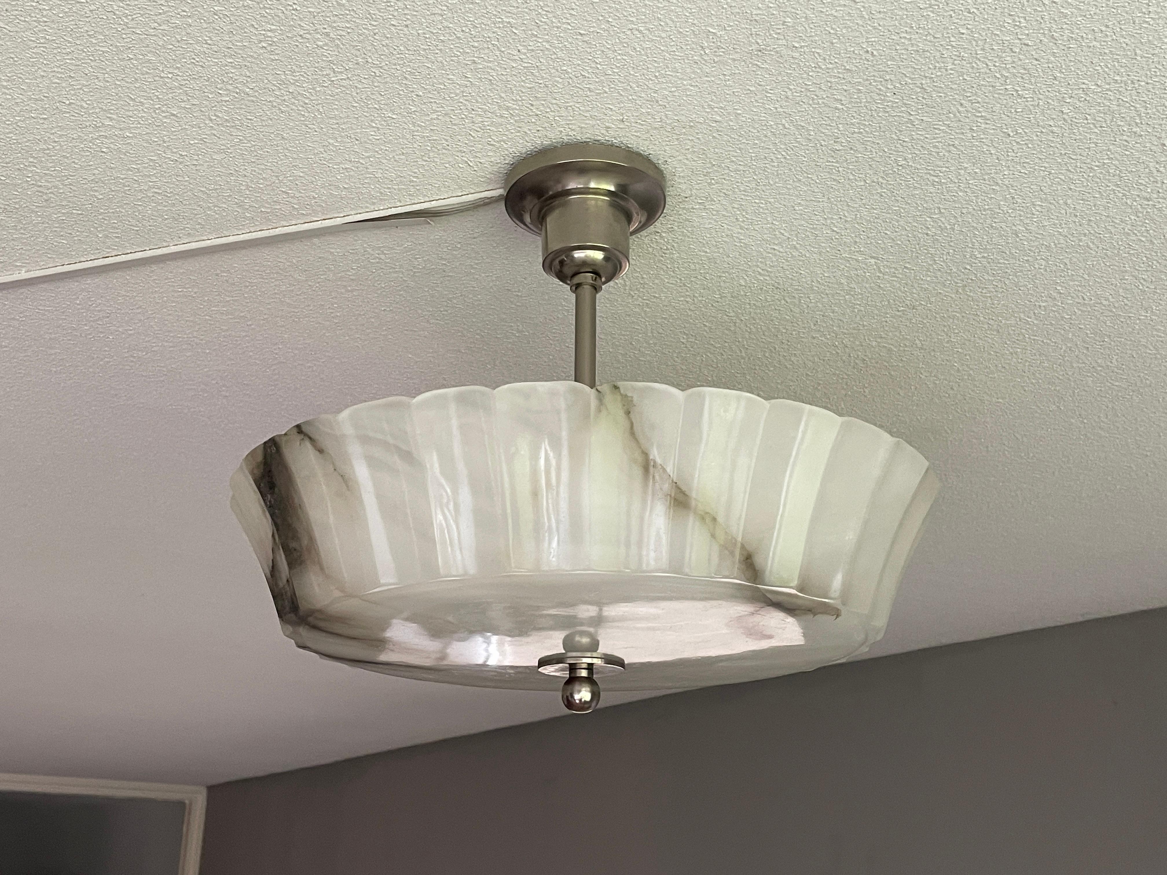 Brass Exquisite Art Deco Alabaster Shade Flush Mount / Pendant Light w. Plated Canopy