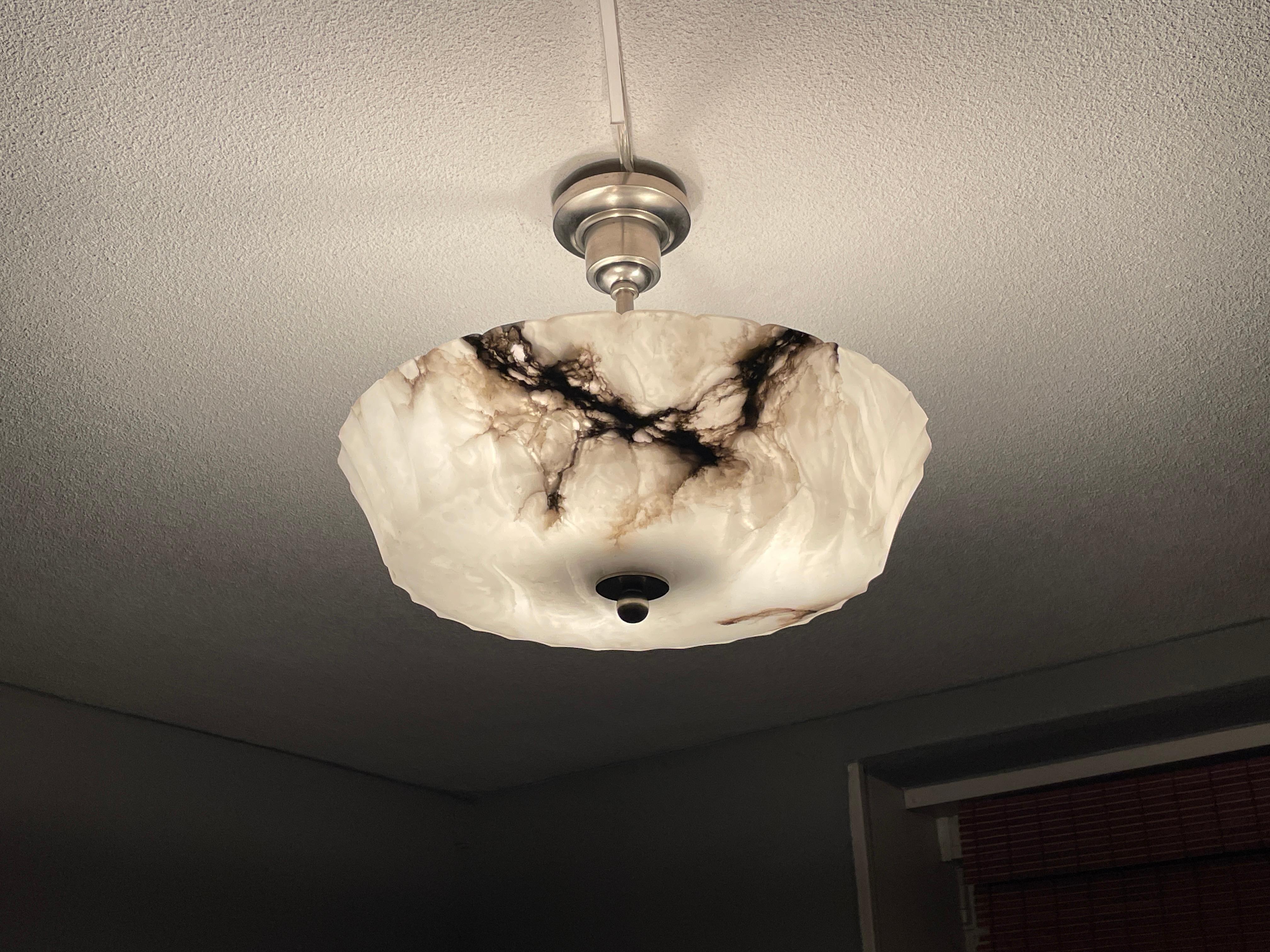 Exquisite Art Deco Alabaster Shade Flush Mount / Pendant Light w. Plated Canopy 2