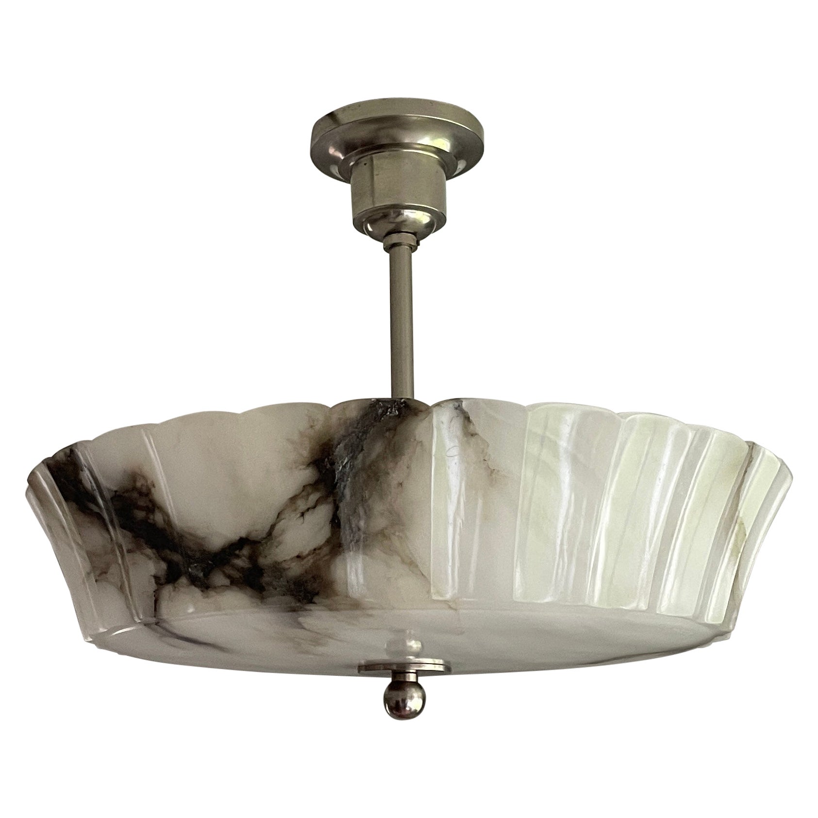 Exquisite Art Deco Alabaster Shade Flush Mount / Pendant Light w. Plated Canopy