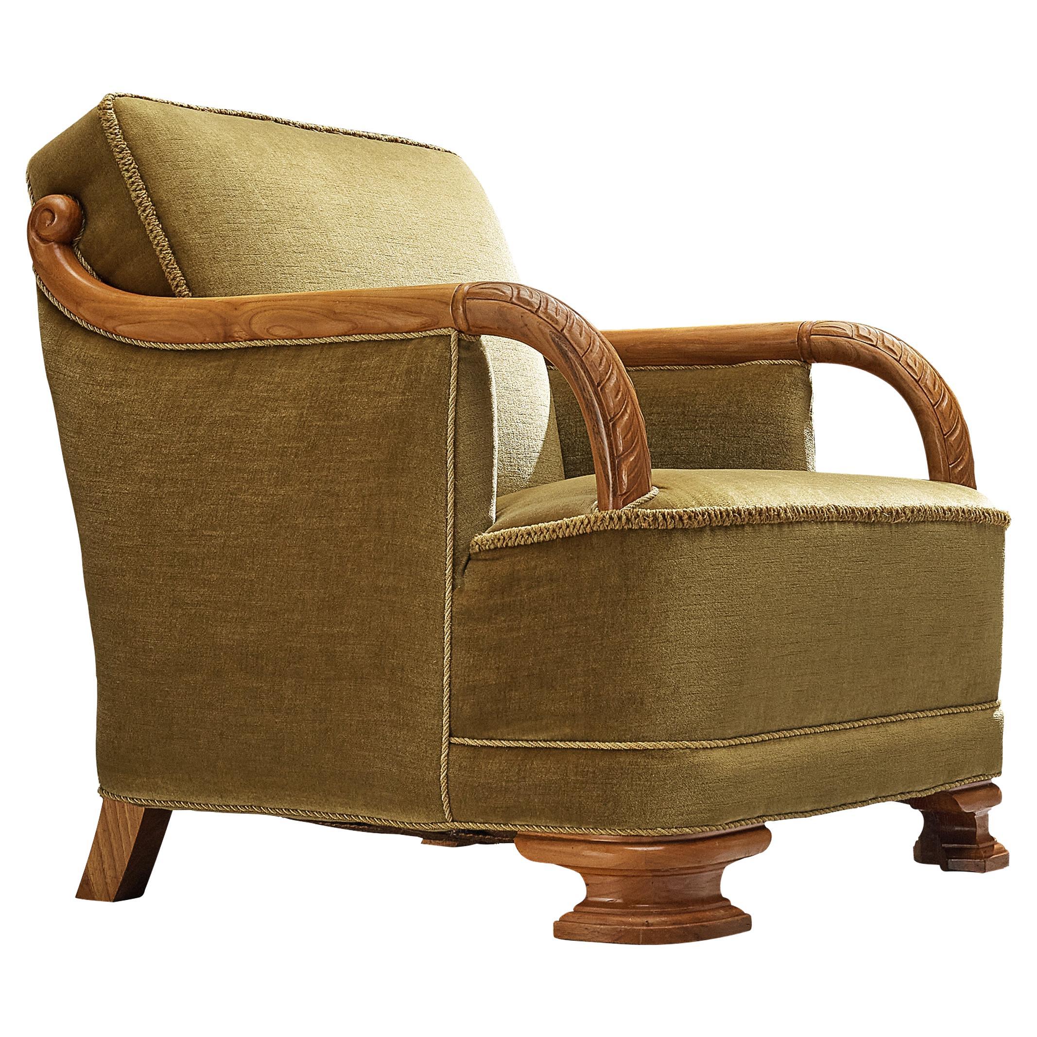 Danish Art Deco Lounge Chair in Olive Green Velvet and Elm For Sale at