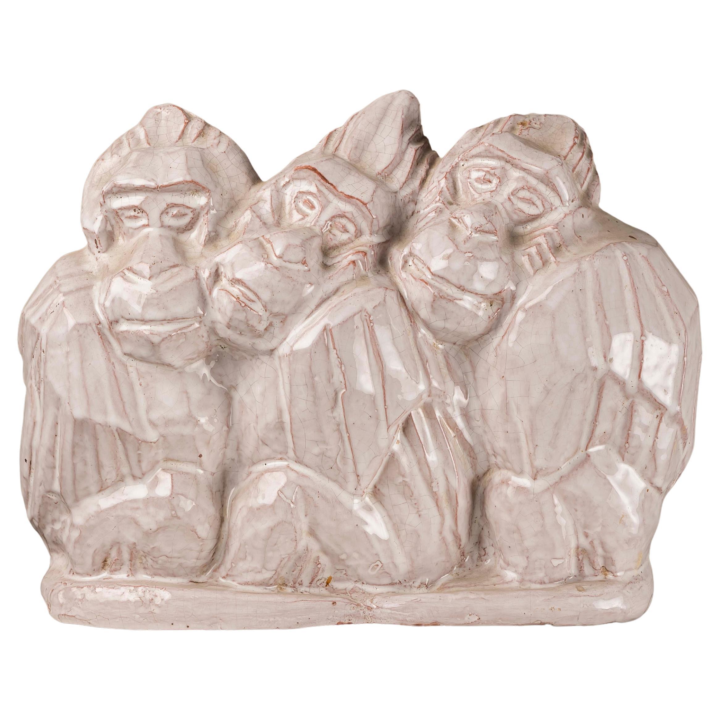 Exquisite Art Deco Glazed Craquelé Ceramic Sculpture of Three Gorillas