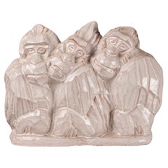 Exquisite Art Deco Glazed Craquelé Ceramic Sculpture of Three Gorillas