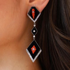 Exquisite Art Deco Onyx Coral & Diamond Platinum Drop Earrings