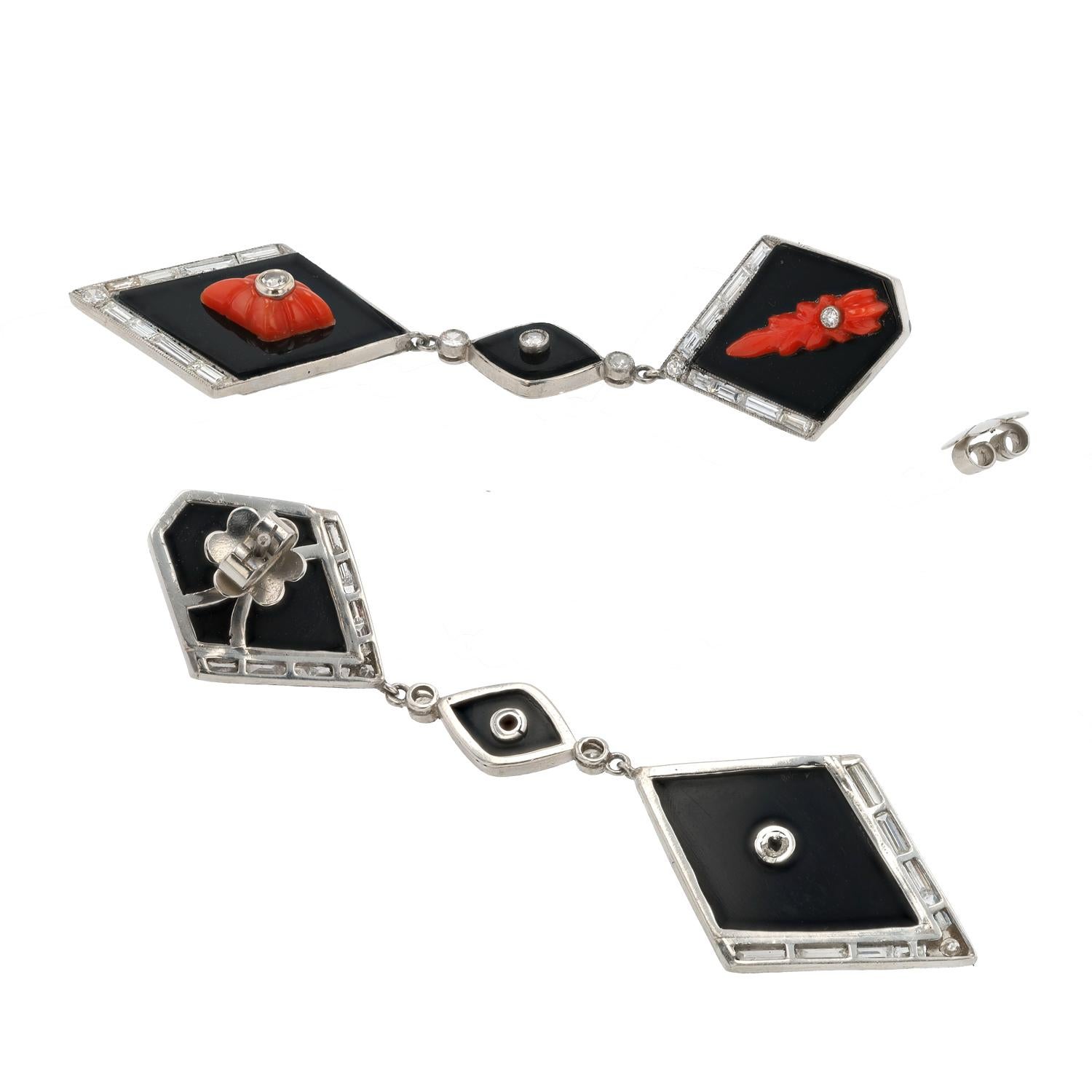 Square Cut Exquisite Art Deco Onyx Coral & Diamond Platinum Drop Earrings For Sale