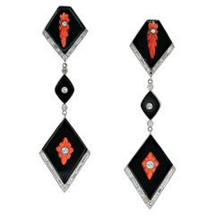 Exquisite Art Deco Onyx Coral & Diamond Platinum Drop Earrings