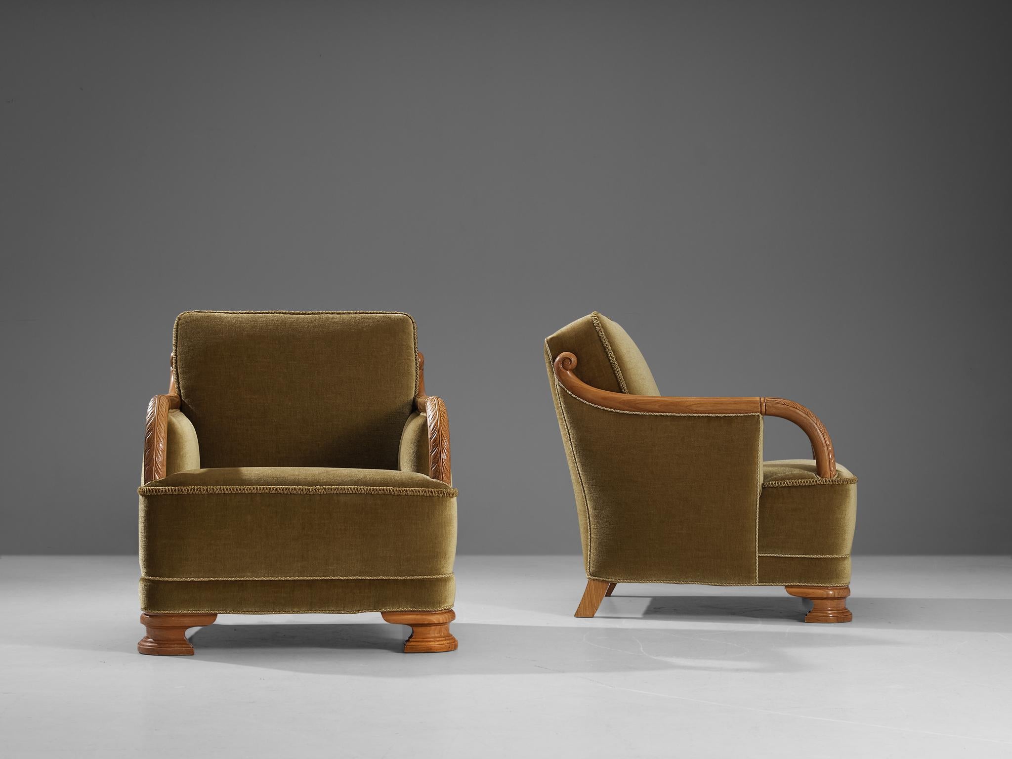 Mid-20th Century Exquisite Art Deco Pair of Danish Lounge Chairs in Olive Green Velvet and Elm
