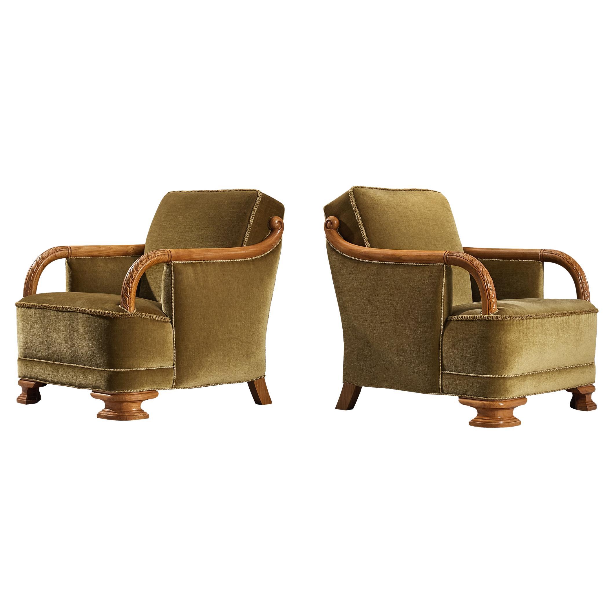 Exquisite Art Deco Pair of Danish Lounge Chairs in Olive Green Velvet and Elm
