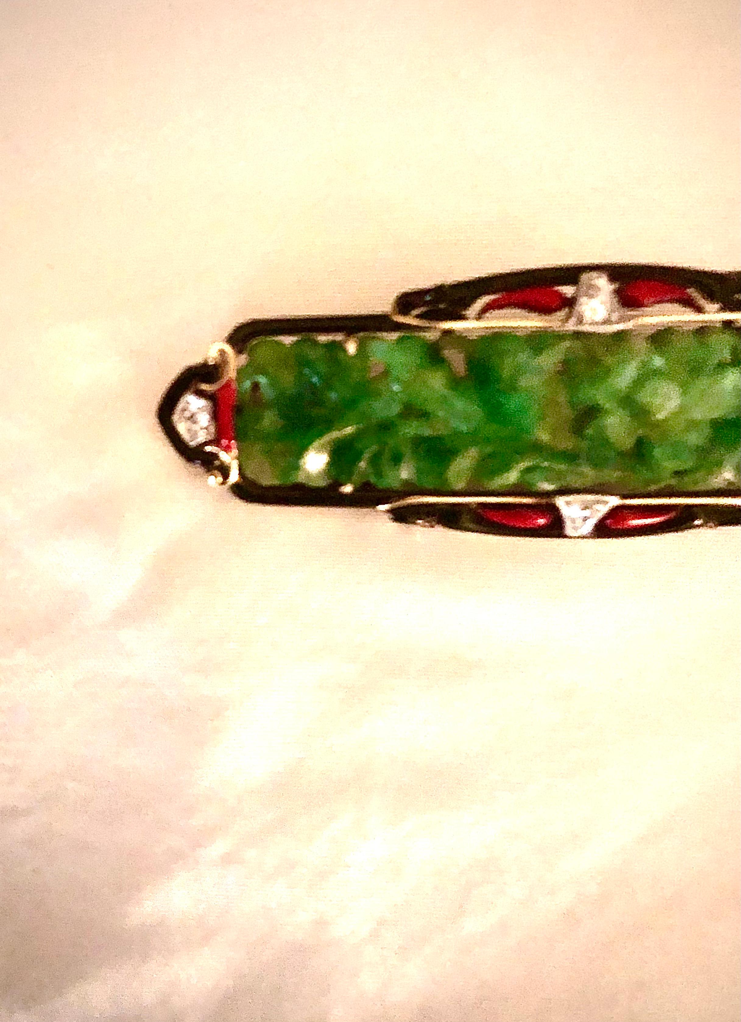 Exquisito broche de esmalte Art Déco de jade Art Decó en venta