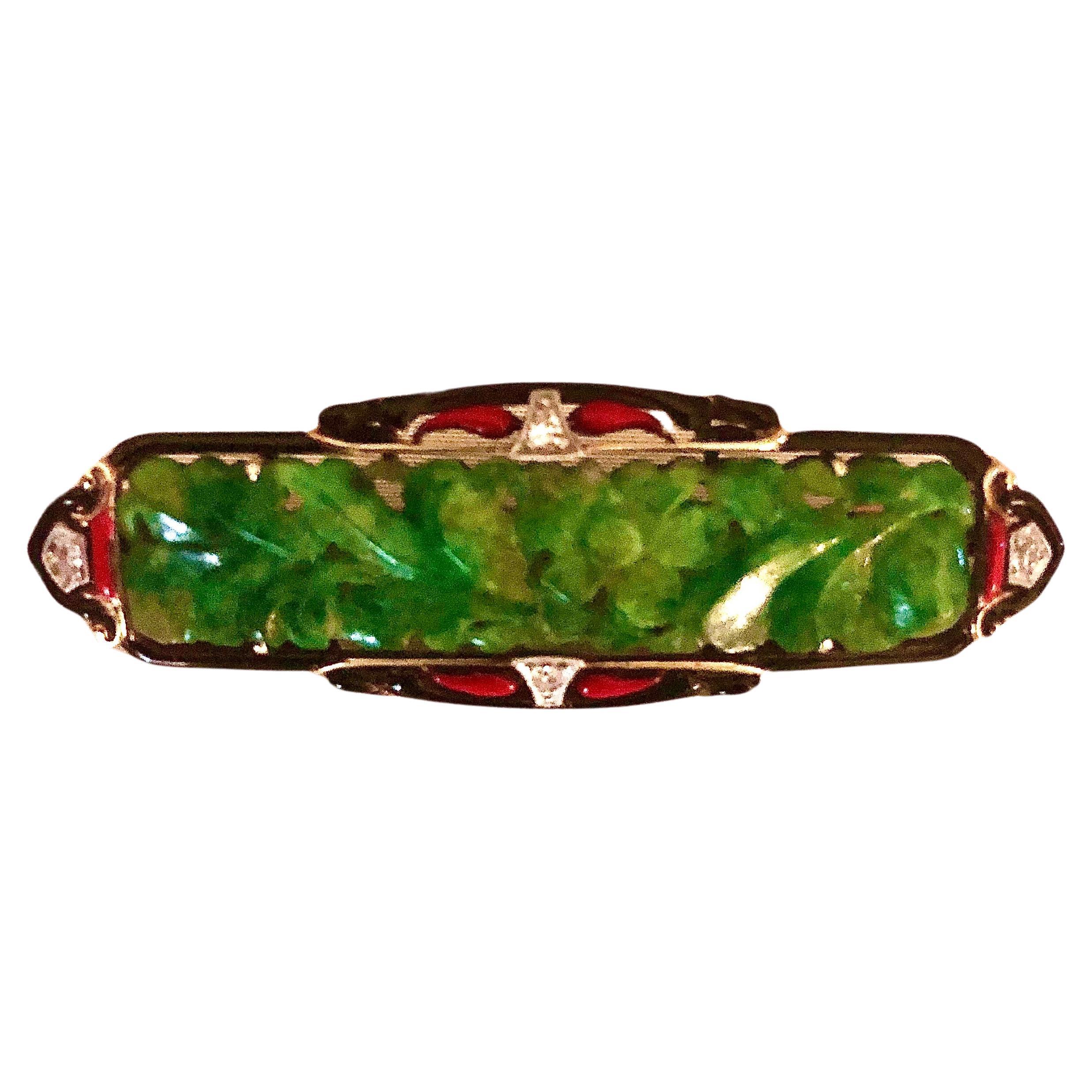 Exquisite Jade Art Deco enamel pin-brooch