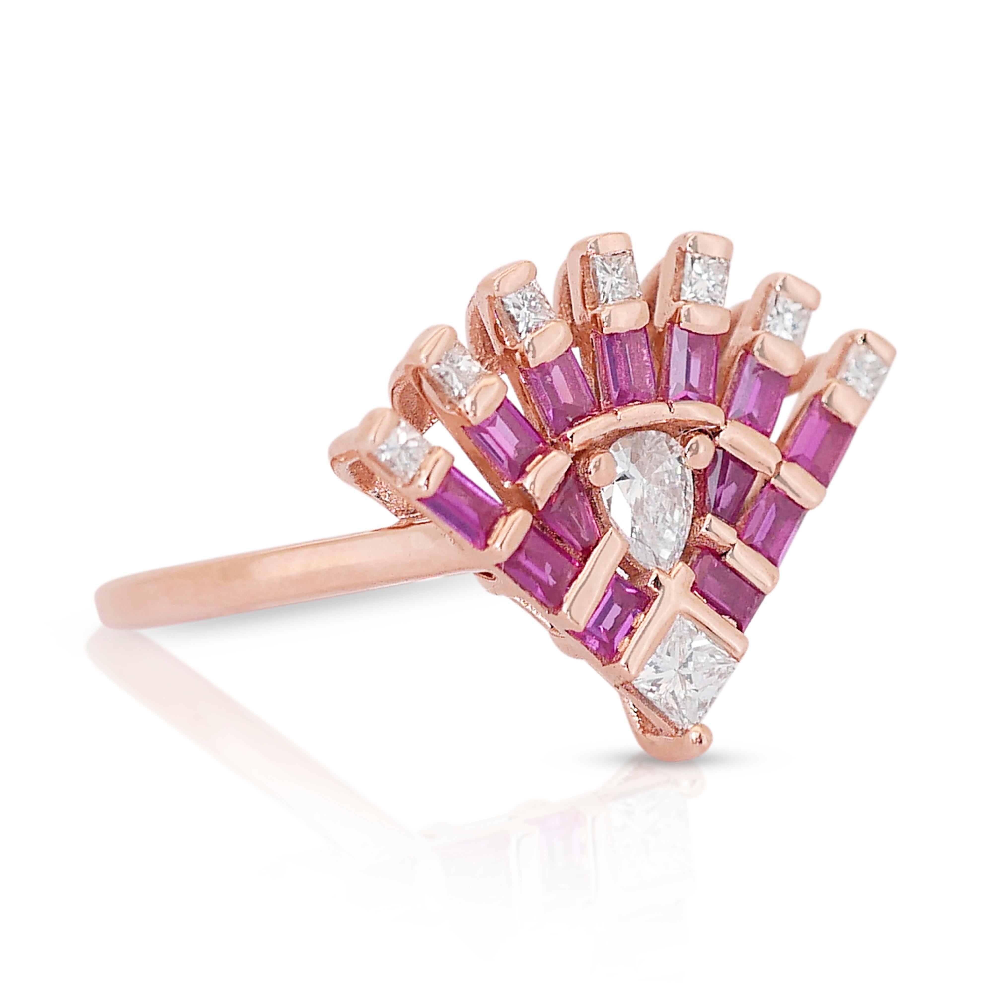 Exquisito Anillo de Estilo Art Decó y Único en su Clase con Rubíes y Diamantes de 1,02 ct Anillo de Color Fantasía en Oro Rosa de 18k - Certificado AIG

Deléitate con la elegancia atemporal de este exquisito anillo de fantasía de oro rosa de 18