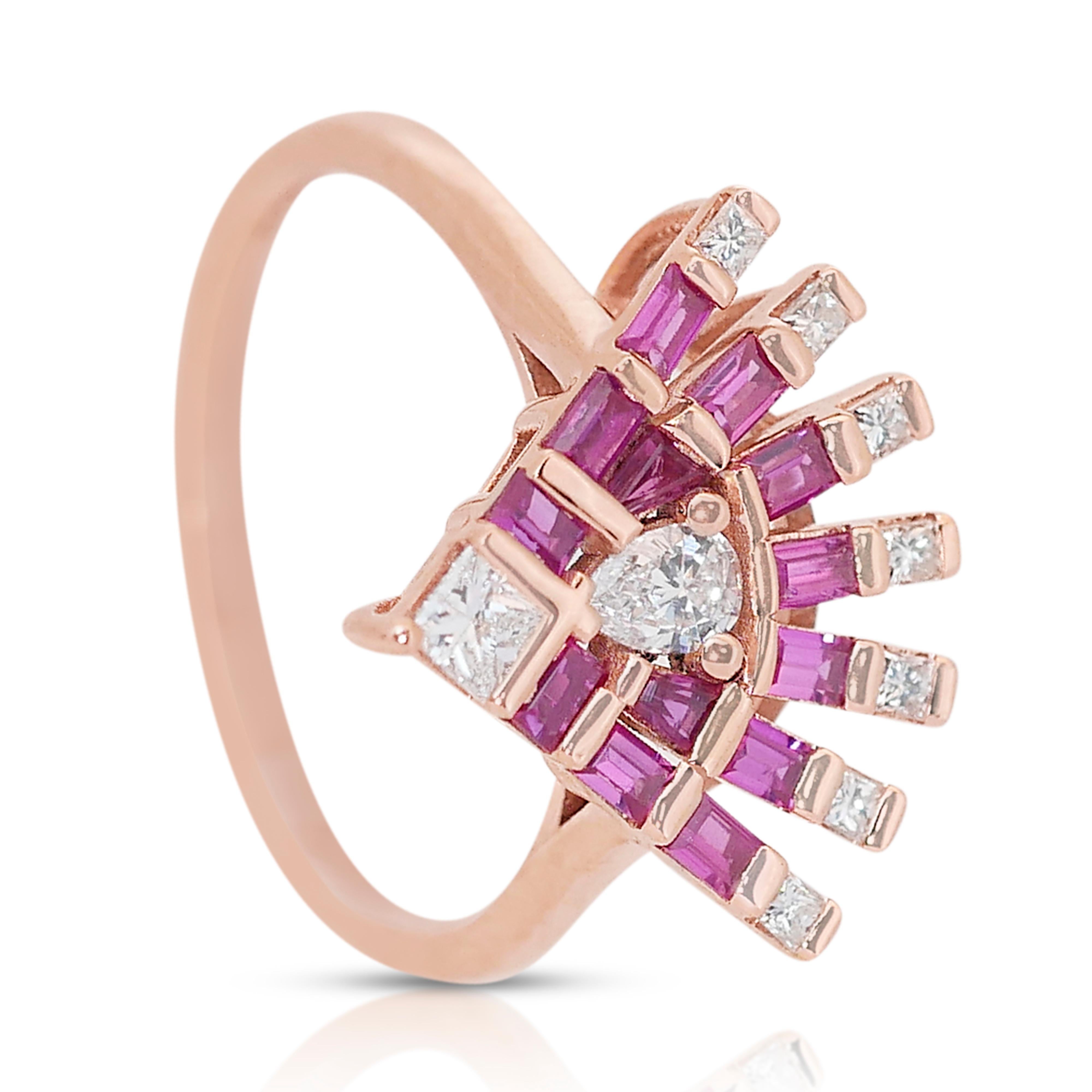 Exquisito Anillo Único de Estilo Art Decó con Rubíes y Diamantes de 1,02 ct Corte pera en venta