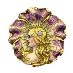 Antique Exquisite Art Nouveau 18 Karat Gold, Enamel and Diamond Women in Profile Brooch