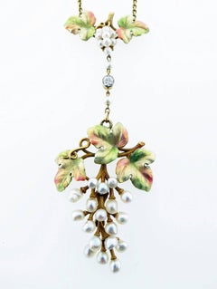 Exquisite Art Nouveau Natural Pearl Enamel and Diamond Necklace