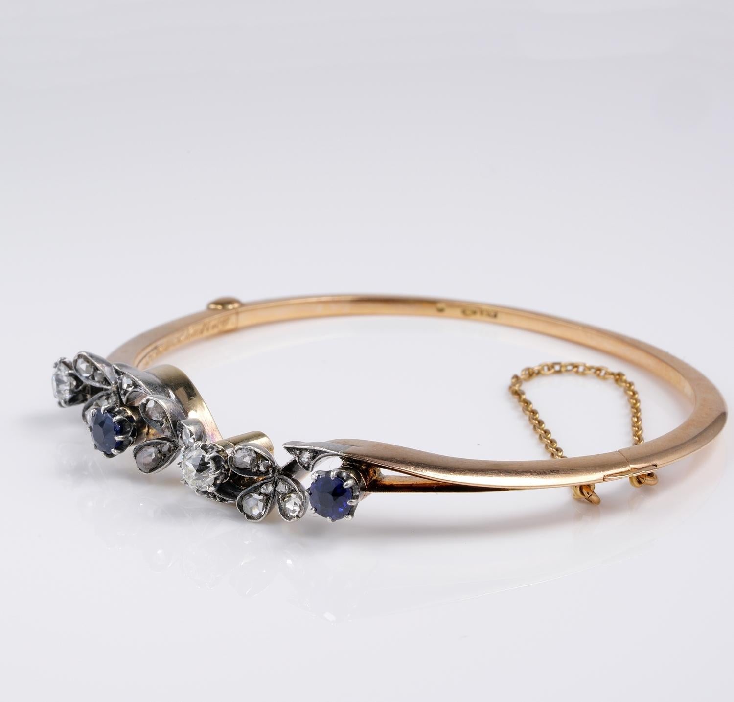 Women's Exquisite Art Nouveau Sapphire Diamond Rare 18 Karat Bangle For Sale