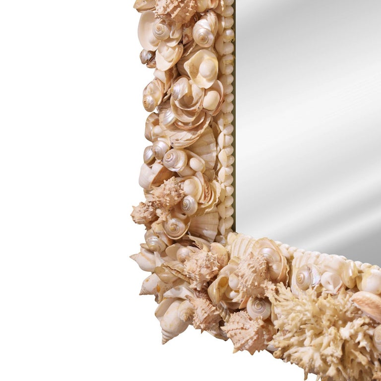 North American Exquisite Artisan Mirror with Applied Sea Shells and Coral 1970s