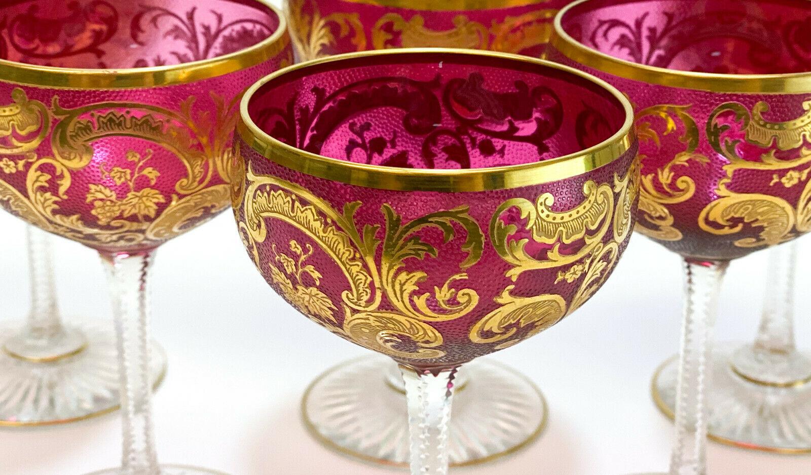 European Exquisite Baccarat Cranberry Red and Gilt Wine Glass Goblets For Sale