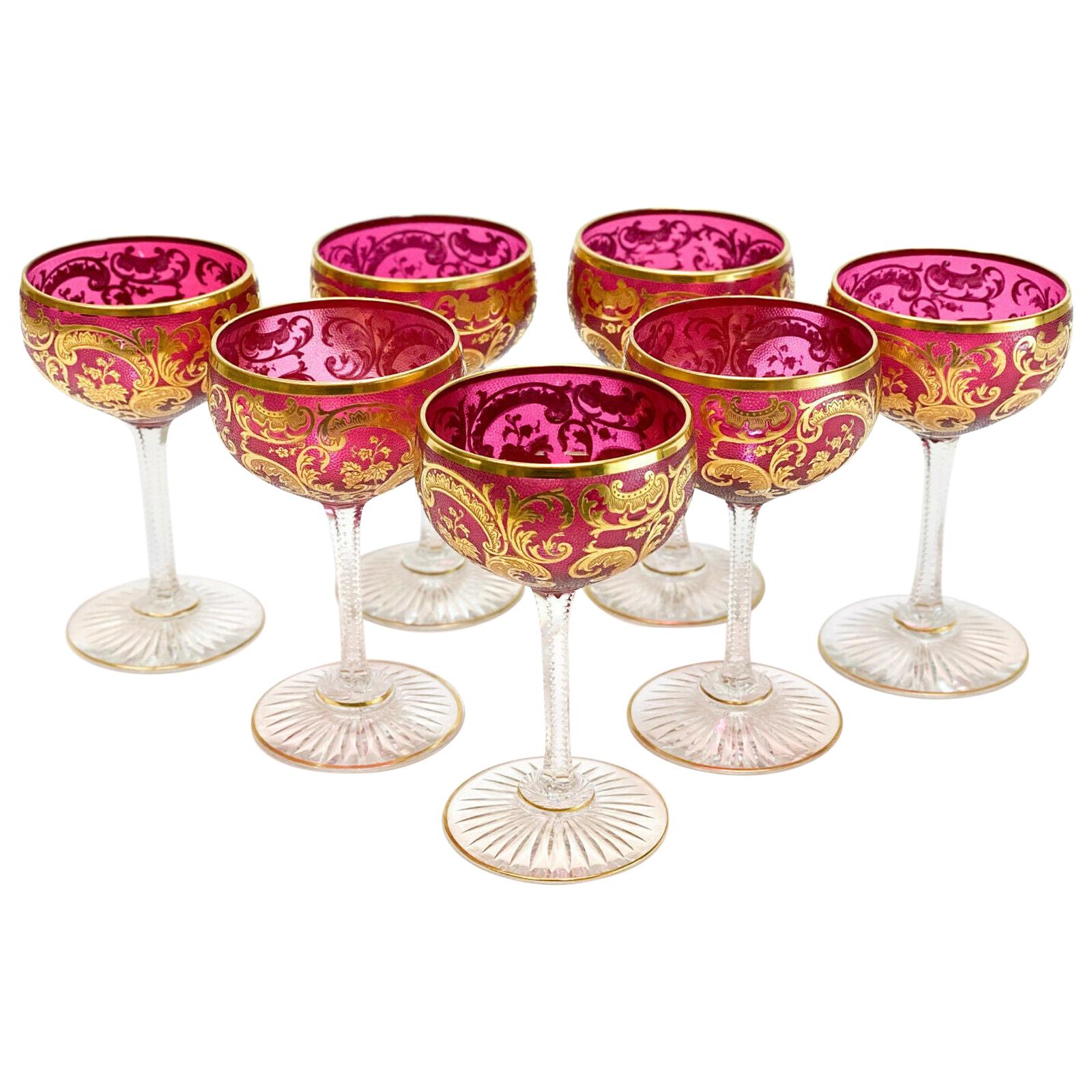 Exquisite Baccarat Cranberry Red and Gilt Wine Glass Goblets For Sale